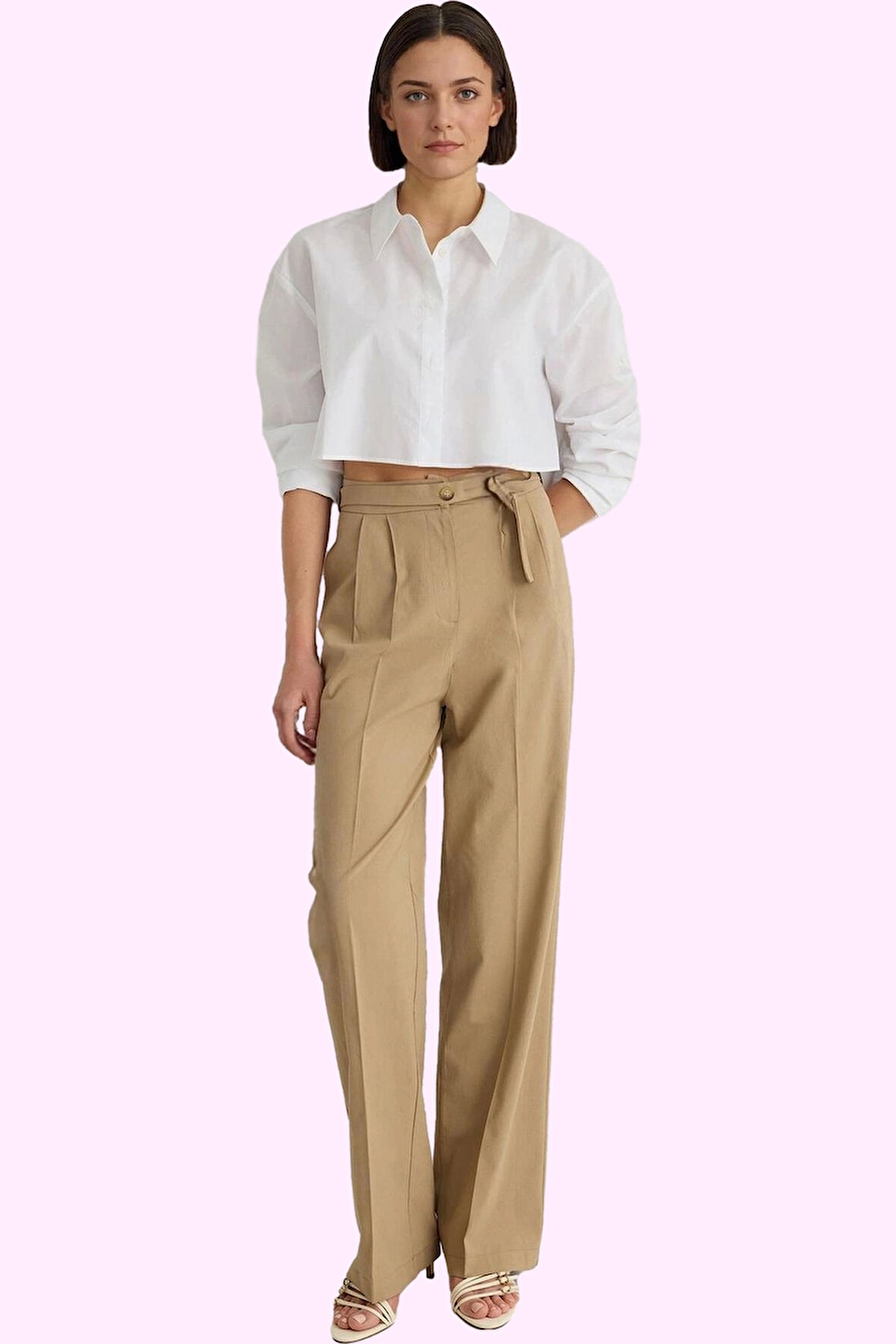 Kadın Dokuma Pantolon; Yüksek Bel Geniş Paça Straight Kalıp Düz Desen Yaz Aylarının Vazgeçilmezi