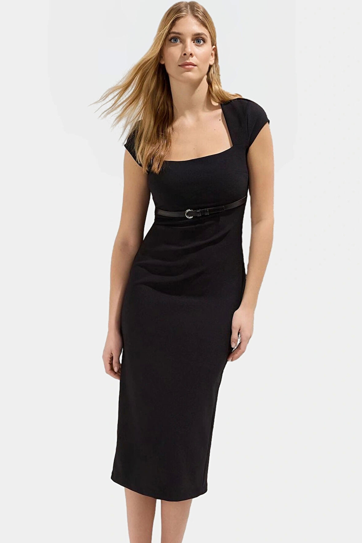 Bodycon Kesim Kısa Kollu Midi Elbise Dokuma Kemer Detaylı İş Elbisesi Rahat Kullanım Uzun Ömürlü