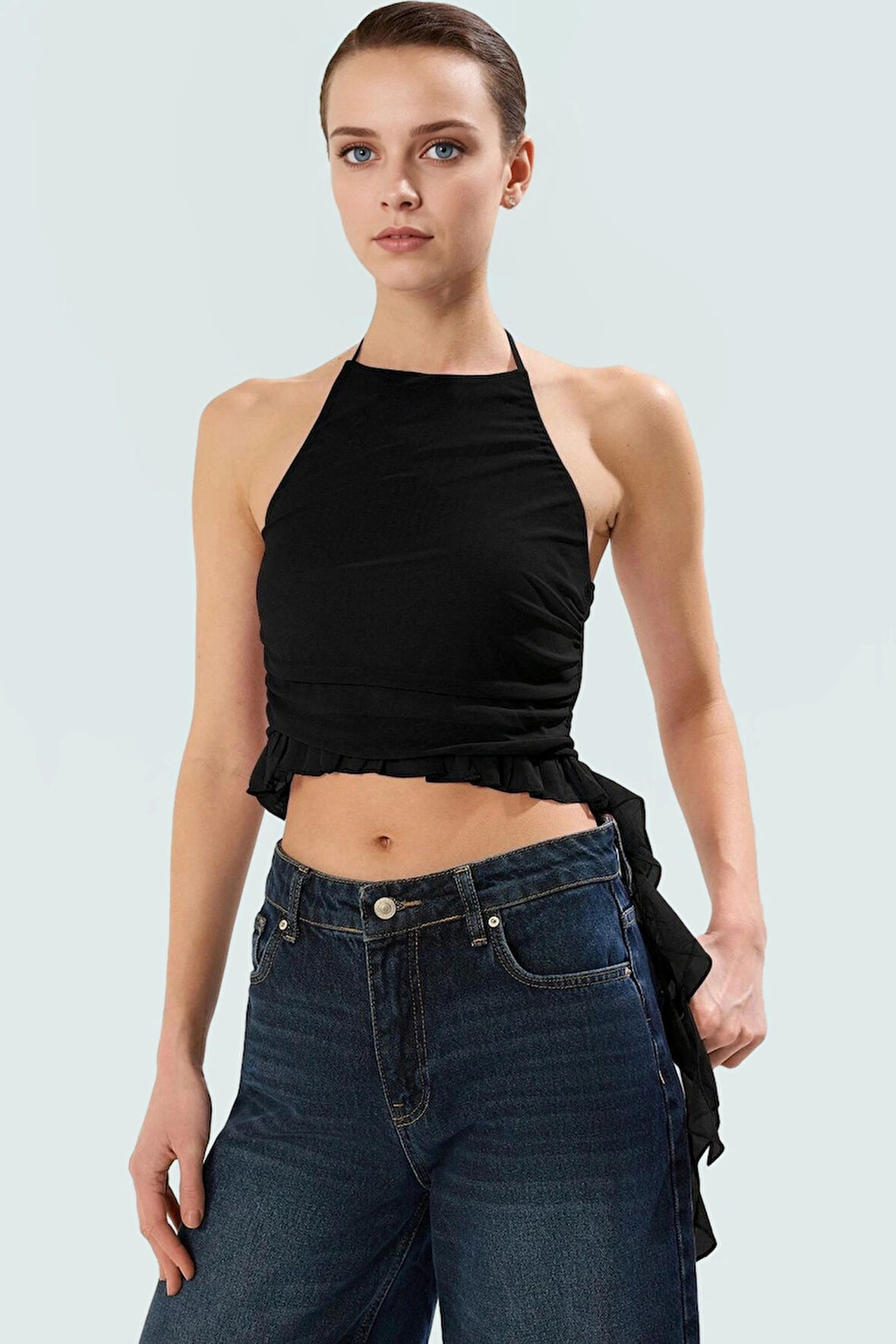 Örme Kumaş Krop Bluz Halter Yaka Fitted Kolsuz Yazlık Yüksek Kalite Premium