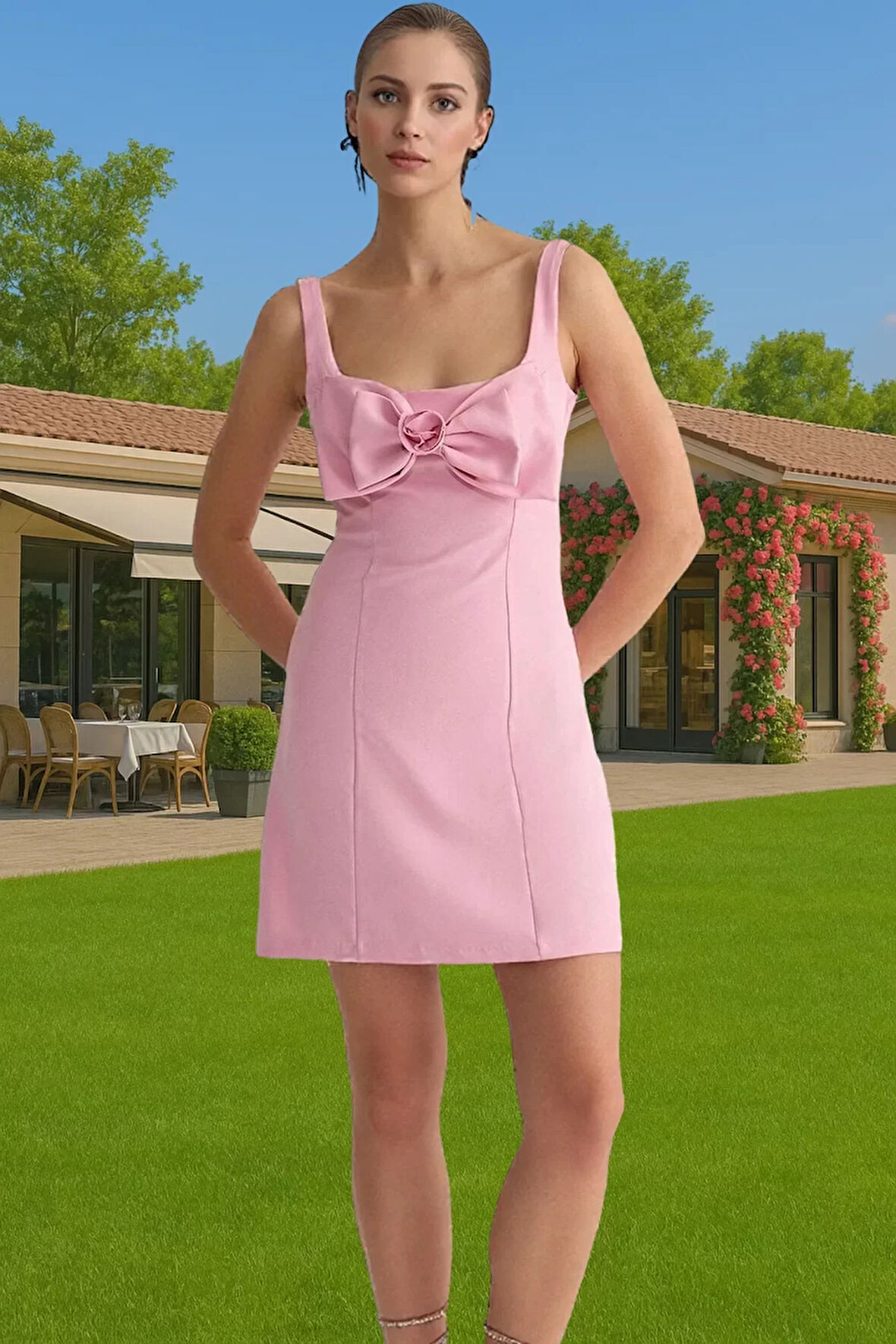 Kısa A Kesim Abiye Elbise Fiyonk Detayli Dokuma Polyester Yazlık Trend Tasarım Zarifane Tasarım