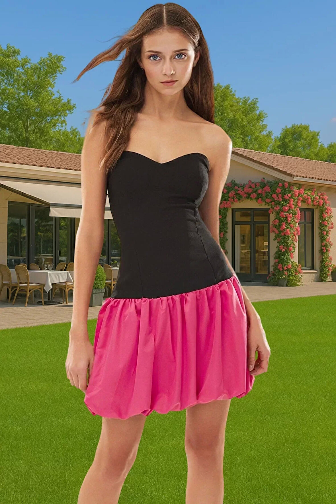 Straplez Mini Abiye Elbise Polyester Elastan Yazlık Yüksek Kalite Konforlu Kesim Özel Tasarım