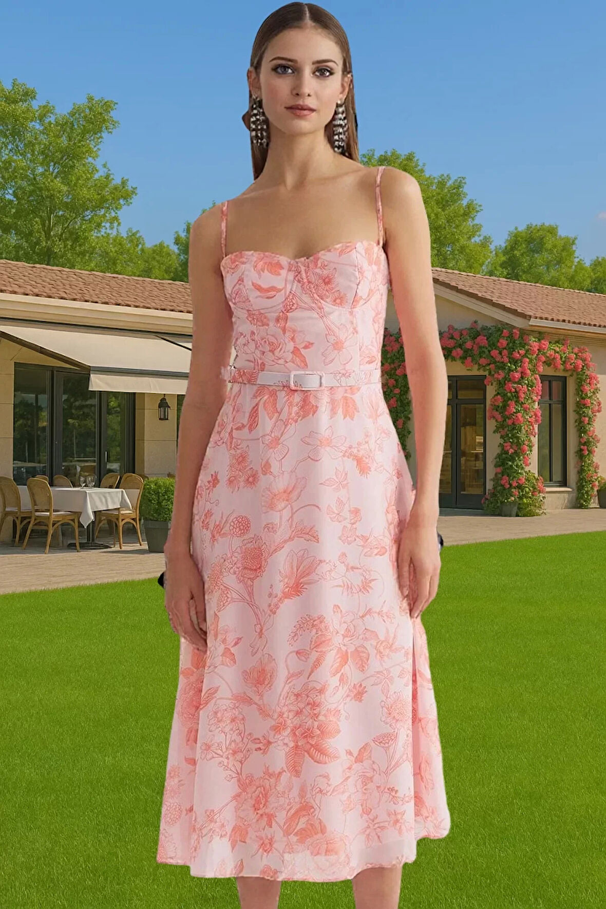 A Kesim Çiçek Desenli Şifon Abiye Elbise Trend Tasarım Kaliteli İşçilik Premium Kalite Modern Stil