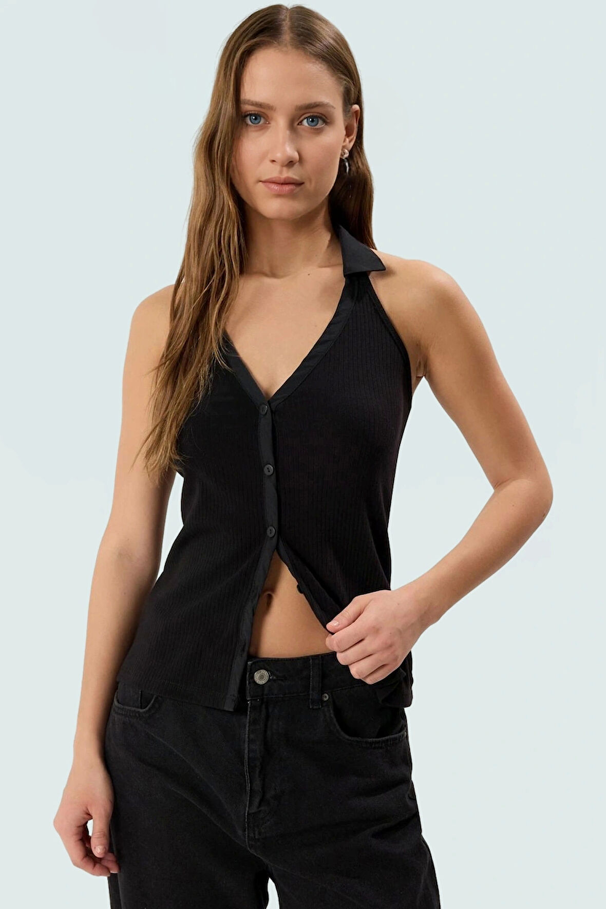 Fitted Vücut Örme Bluz Renk Polo Yaka Fermuarlı Pamuklu Yazlık Konforlu Kesim