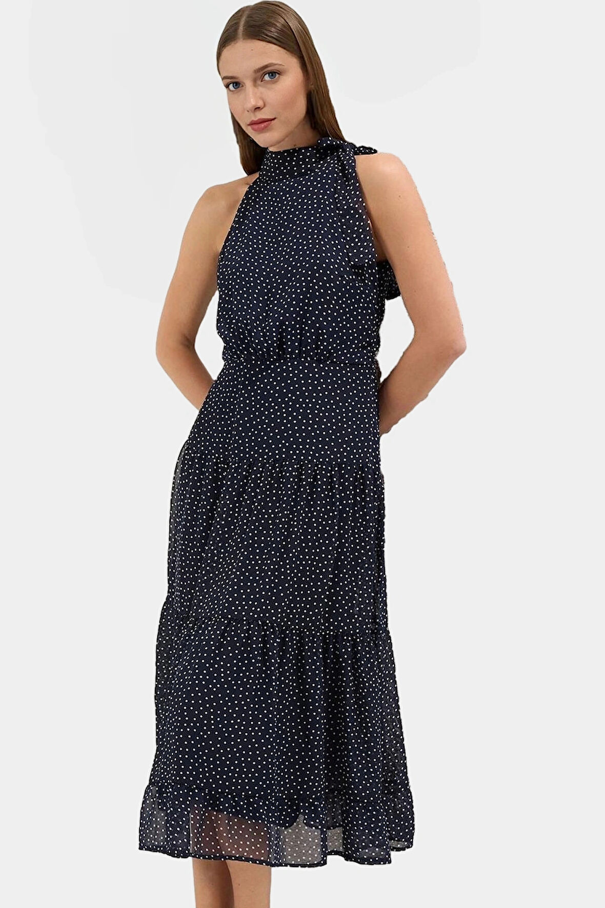 Yazlık Kolsuz A Kesim Puantiyeli Şifon Elbise  Polyester Kaliteli İşçilik Seçkin Malzeme