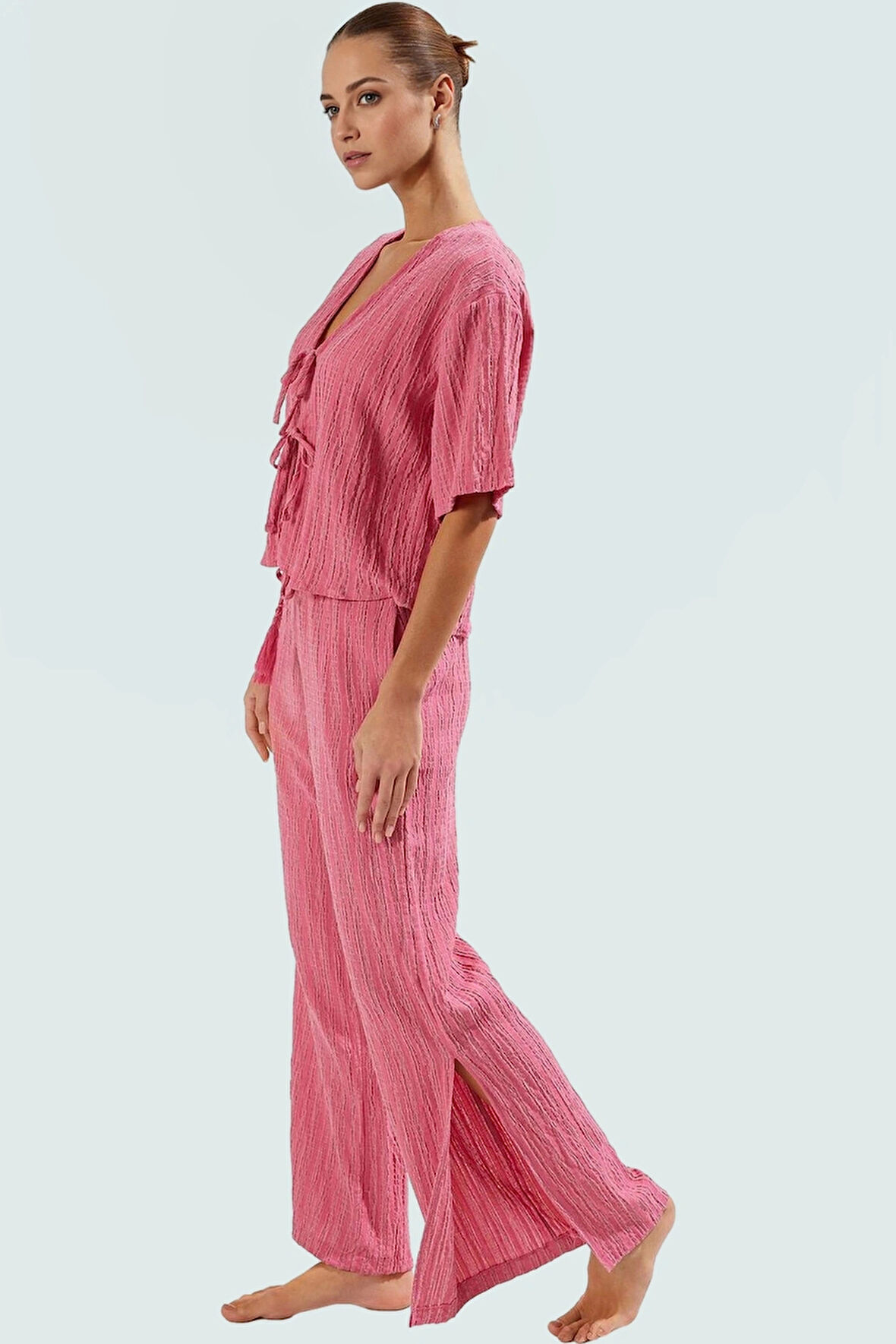 Plaj Şıklığı Dokuma Keten Karışımlı Rahat Pantolon Takım Trend Tasarım Modern Stil