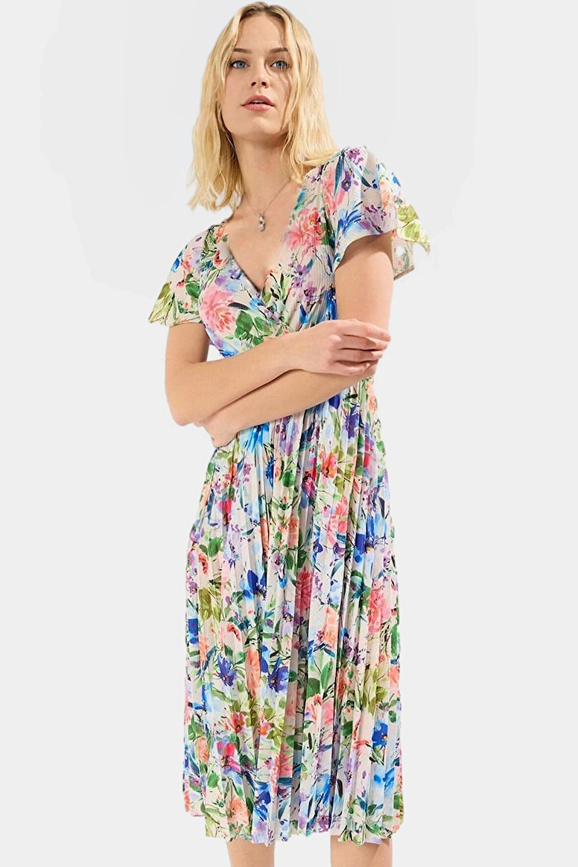 Skater Elbise Kısa Kollu Piliseli Örme Midi Astarlı Yazlık Profesyonel Görünüm Modern Stil