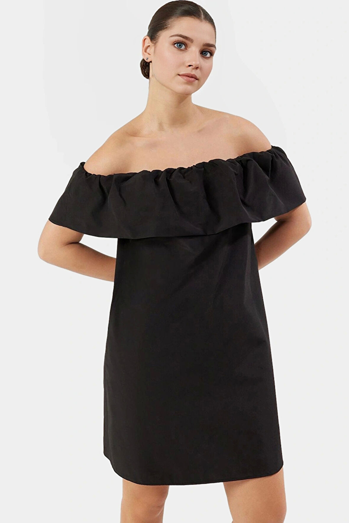 Rahat Pamuklu Mini Elbise Geniş Kesim Carmen Yaka Yazlık Ve Şık Özel Tasarım