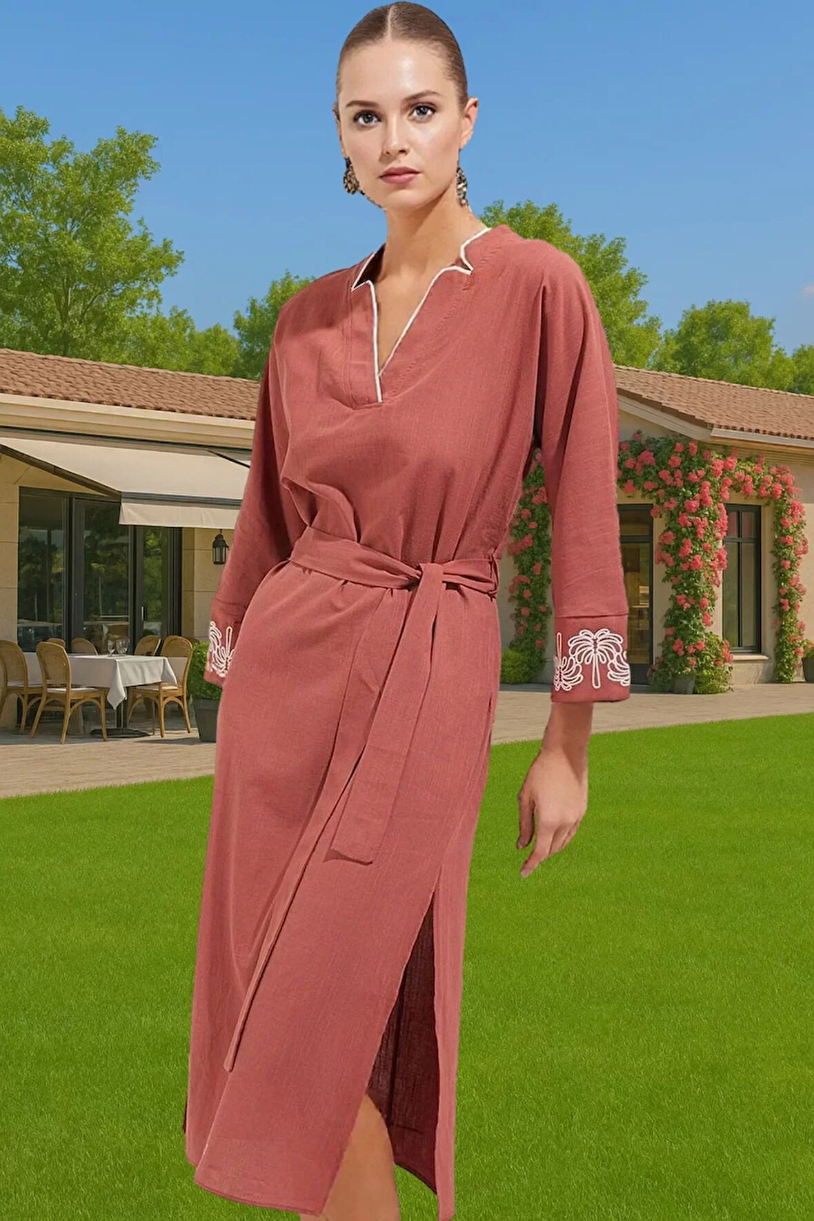 Kadın Şık Plaj Elbisesi Pamuklu Dokuma Midi Boy Tek Kol Mükemmel Uyum Yüksek Kalite Özel Tasarım