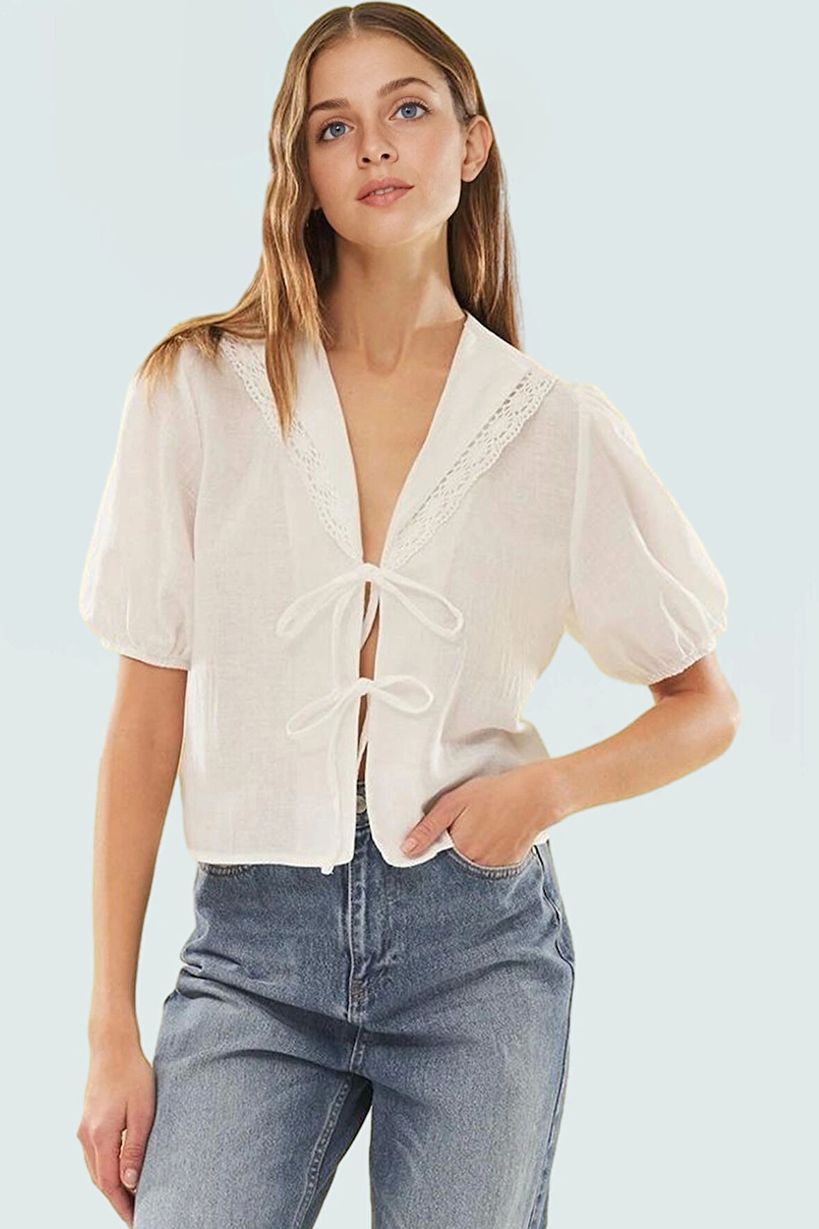 Dantel Detaylı Rahat V Yaka Kısa Kollu Bluz Günlük Tarz Kullanım İçin