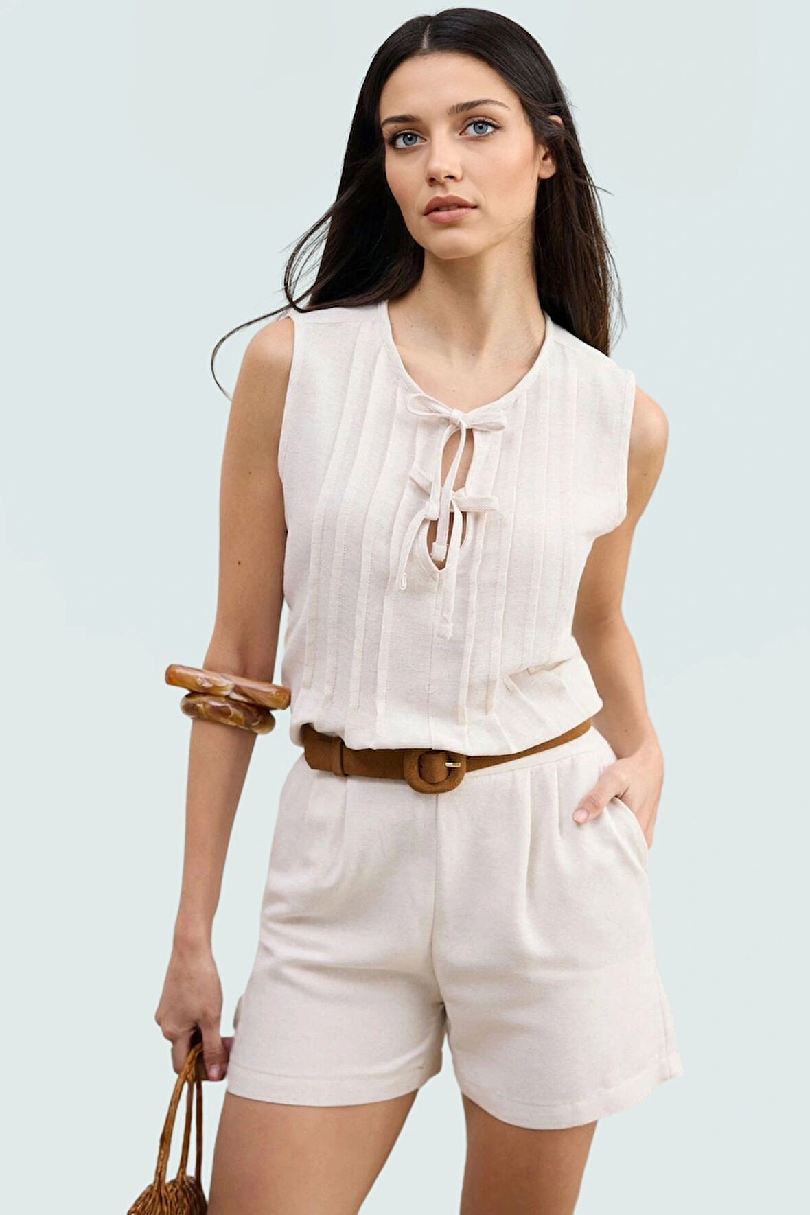 Nefes Alan Keten Bluz Bisiklet Yaka Kolsuz Regular Kalıp Mükemmel Uyum Seçkin Malzeme