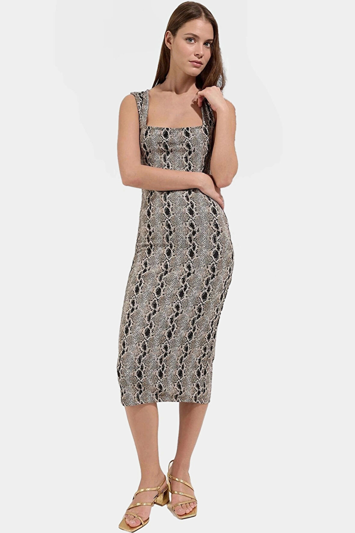 Yazlık Midi Bodycon Elbise Örme Kumaş Animal Desen Kare Yaka Trend Tasarım