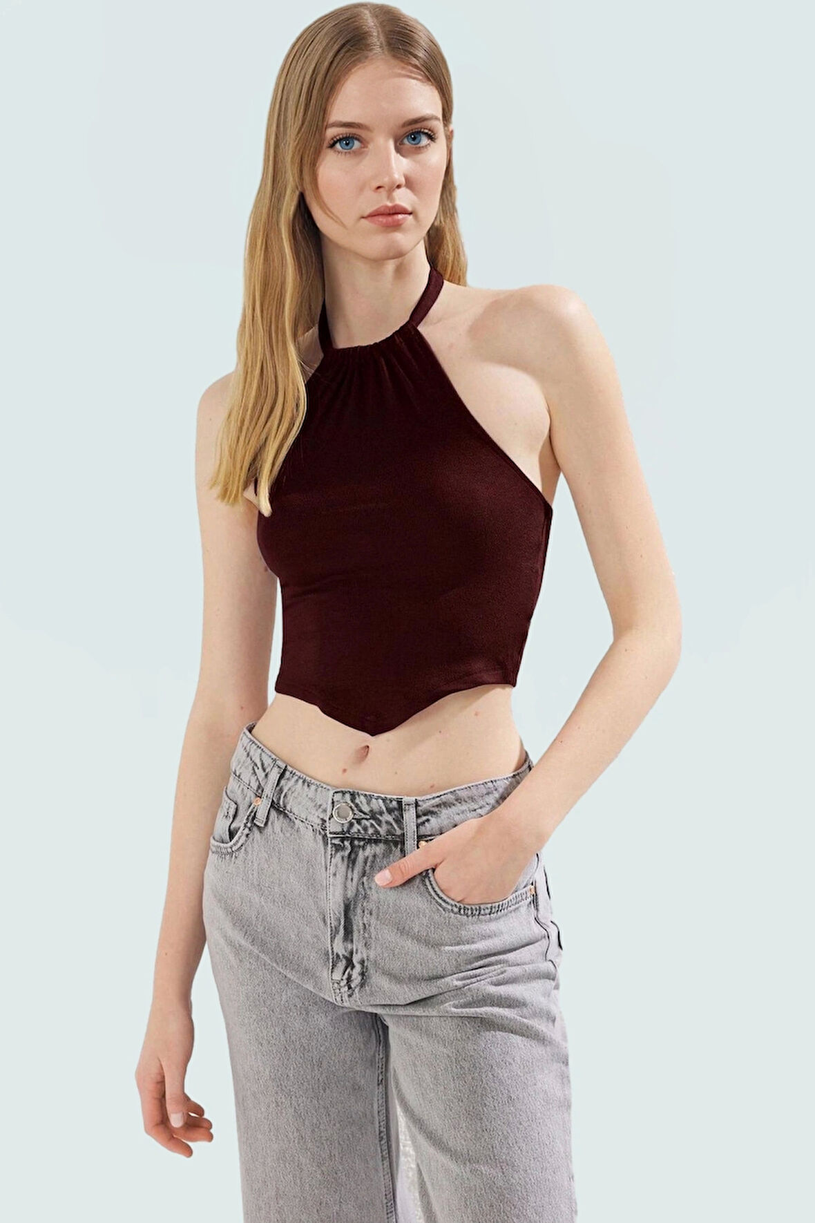 Yazlık Kadın Viskoz Bluz Halter Yaka Crop Fitted Kalıp Dayanıklı Malzeme Yüksek Kalite