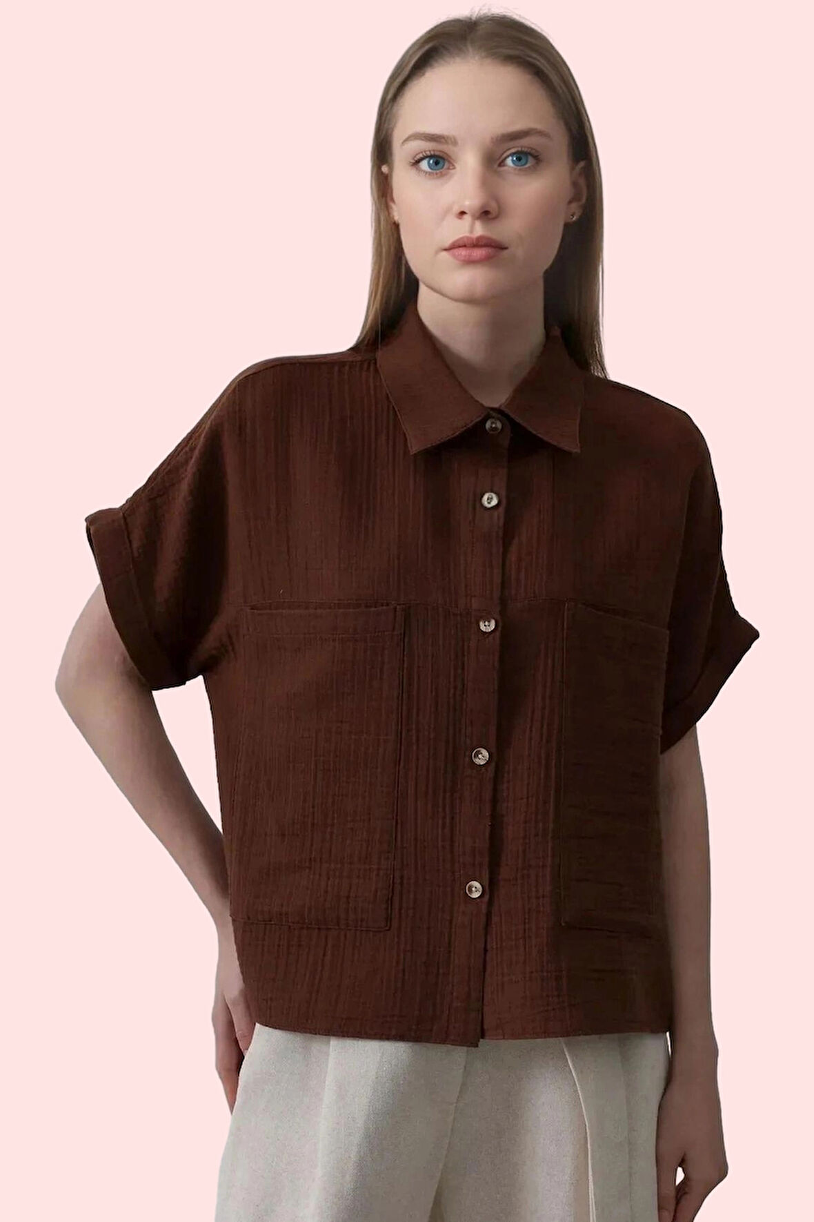 Kadın Pamuk Düz Desen Basic Oversize Kısa Kollu Gömlek Yazlık Günlük Kullanım Modern Tasarım