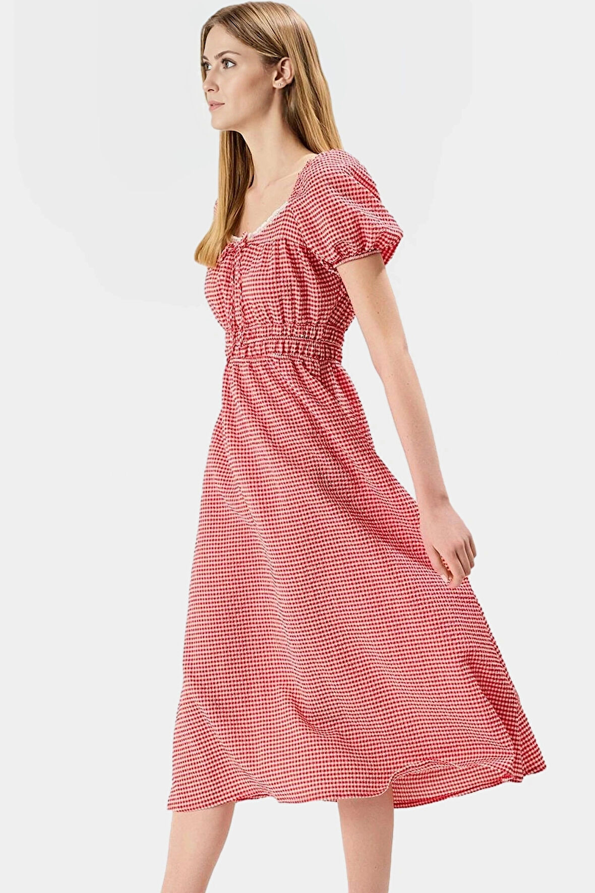 A Kesim Dantel Detaylı Kısa Kollu Dokuma Midi Elbise 95 Polyester 5 Elastan Özenle Seçilmiş