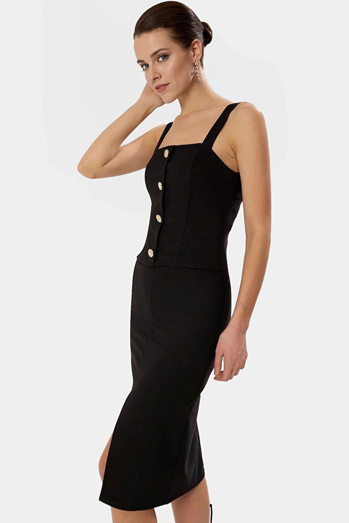 Dokuma Finike Kumaş Midi Bodycon Elbise Kolsuz Düğmeli Detaylar Vücudu Saran Konforlu Kesim