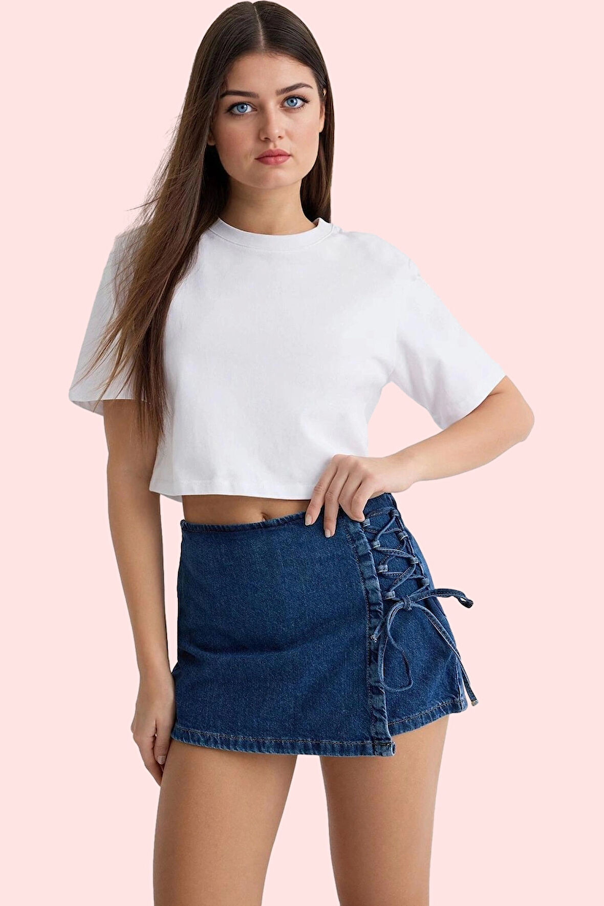 Kadın Pamuklu Kısa Boy Denim Şort Etek Düz Desen Normal Bel Bağcıklı Yaz Aylarının Vazgeçilmezi