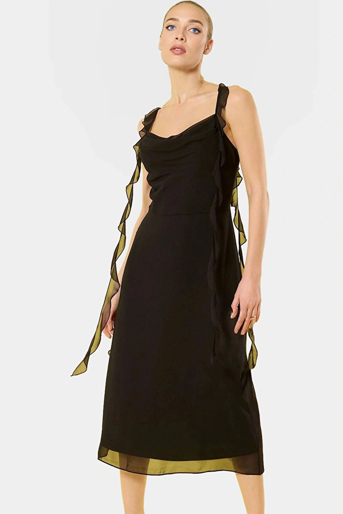 Astarlı Şifon Elbise A Kesim Midi Boy Büzgülü Kol Konforlu Seçkin Malzeme