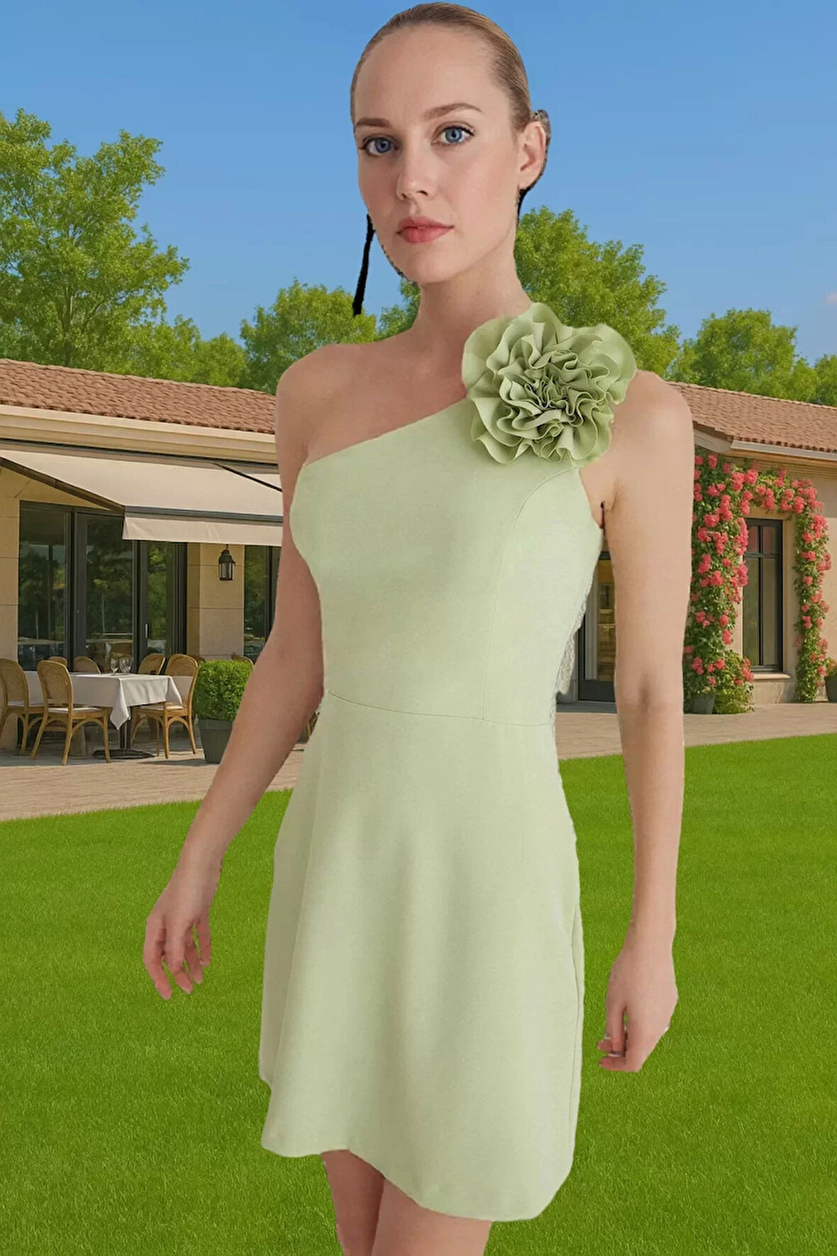 Asimetrik Yaka Mini Elbise Tek Omuzlu Gül Detaylı Yazlık Profesyonel Görünüm Profesyonel Görünüm