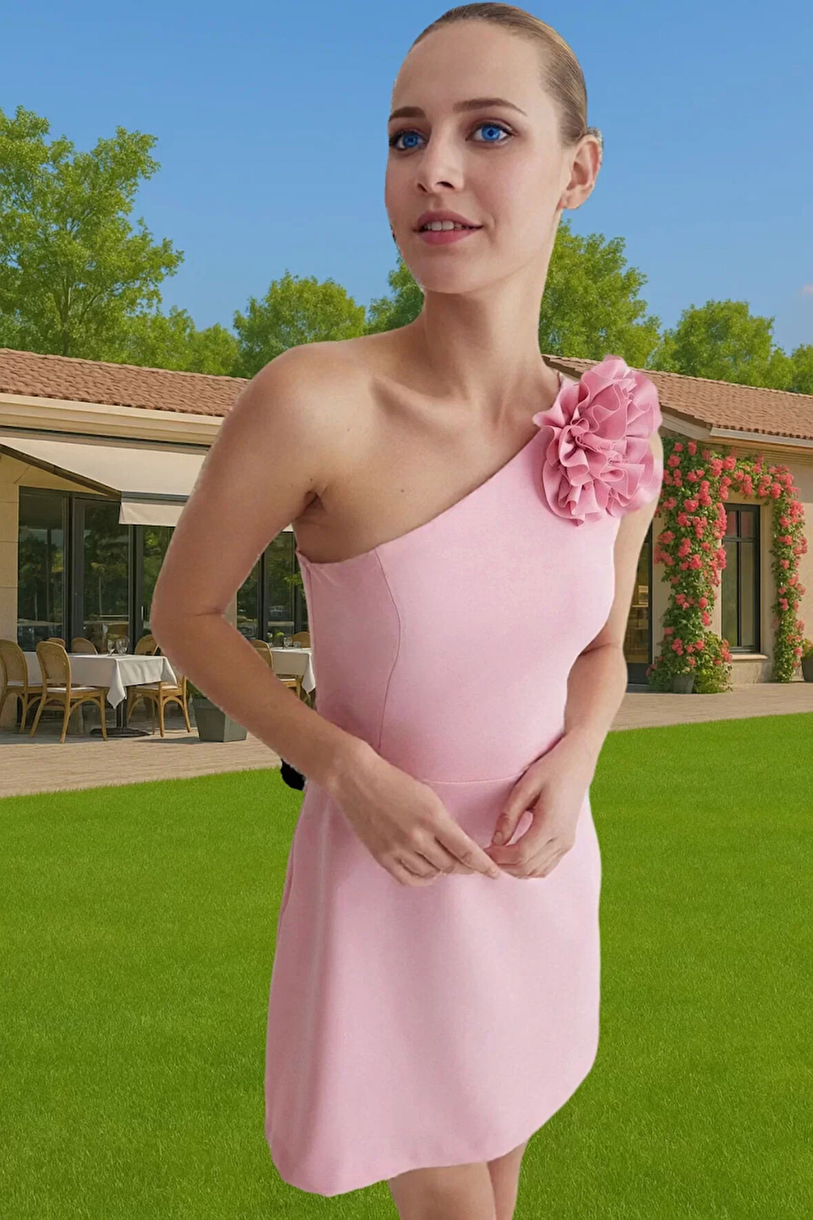 Asimetrik Yaka Mini Elbise Tek Omuzlu Gül Detaylı Yazlık Profesyonel Görünüm Profesyonel Görünüm