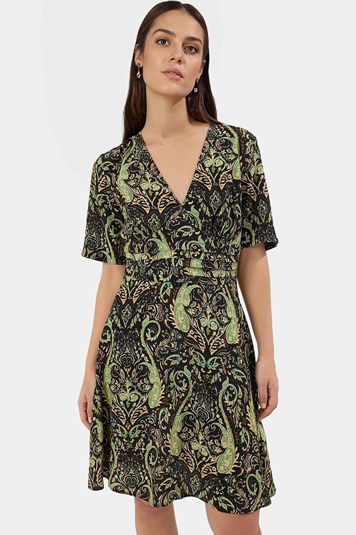 Şık Çiçekli Viskoz Mini Elbise Rahat A line Kalıp Yazlık Modern Stil Seçkin Malzeme