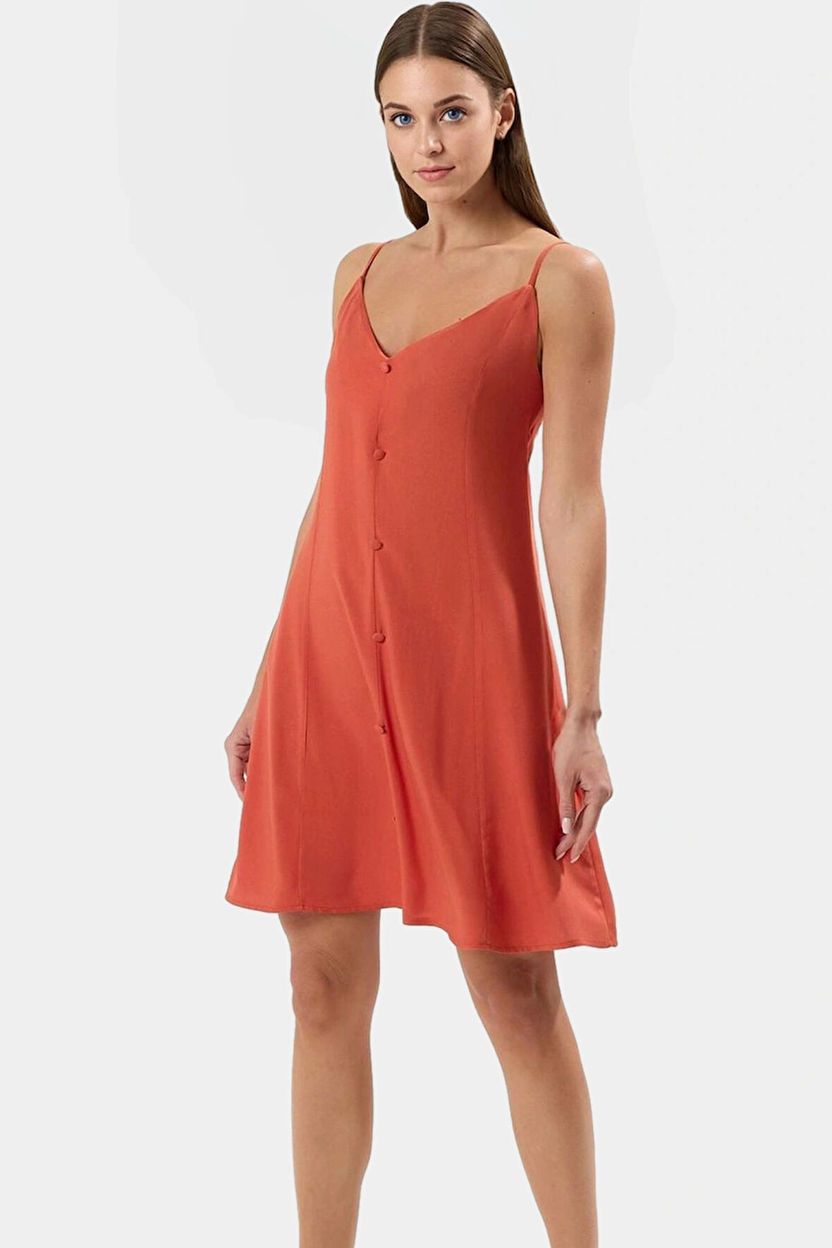 Rahat Viskoz Mini Elbise V Yaka Düğmeli Shift Kalıp Günlük Kullanım İçin Modern Stil