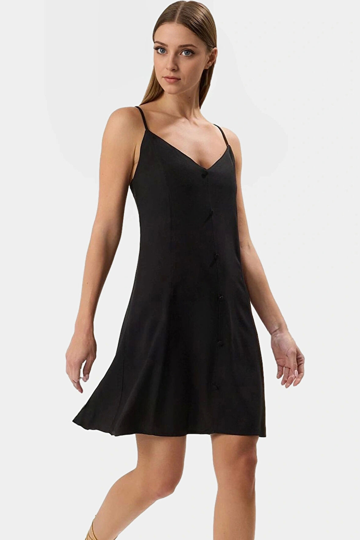 Rahat Viskoz Mini Elbise V Yaka Düğmeli Shift Kalıp Günlük Kullanım İçin Modern Stil