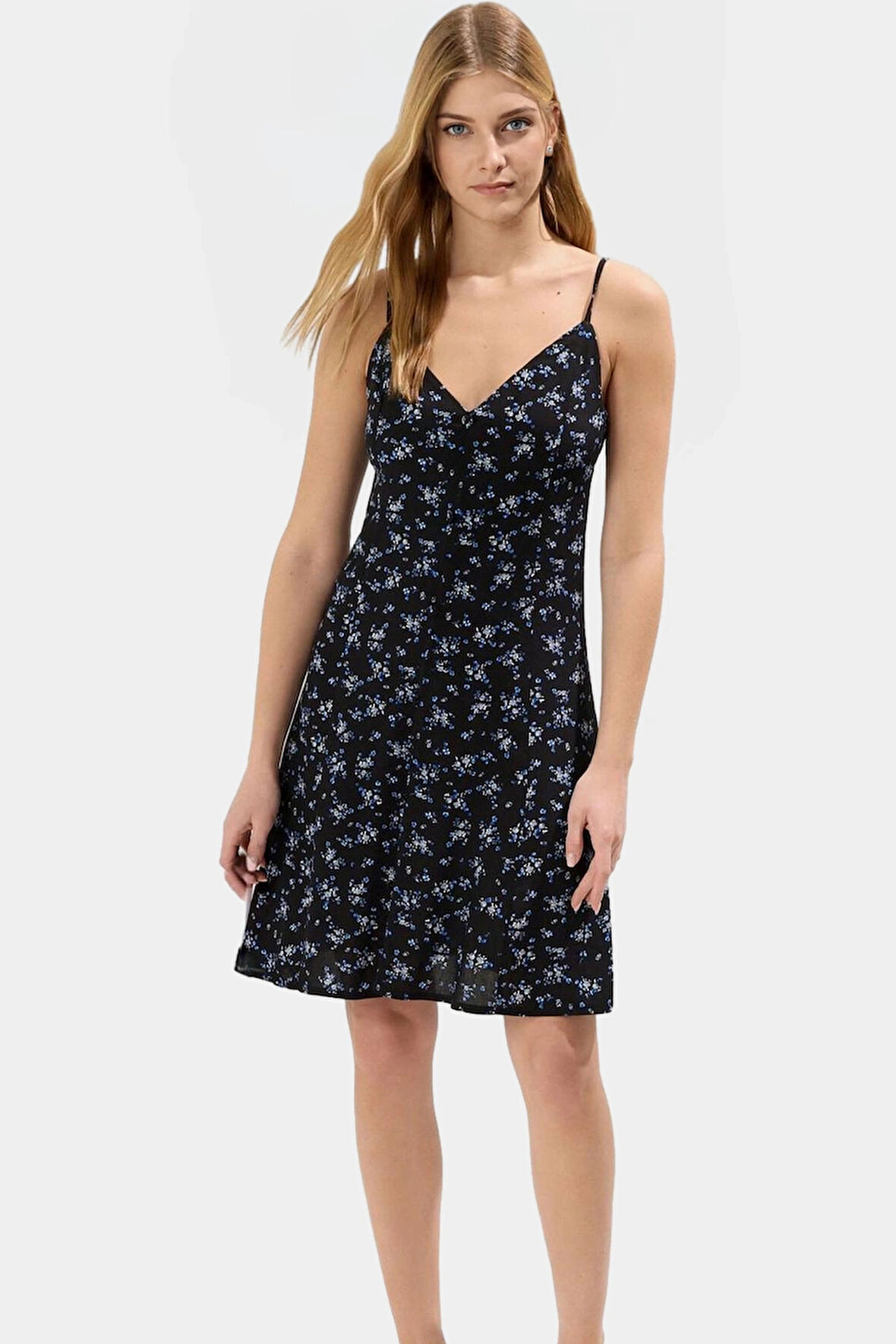 Rahat Viskoz Mini Elbise V Yaka Düğmeli Shift Kalıp Günlük Kullanım İçin Modern Stil