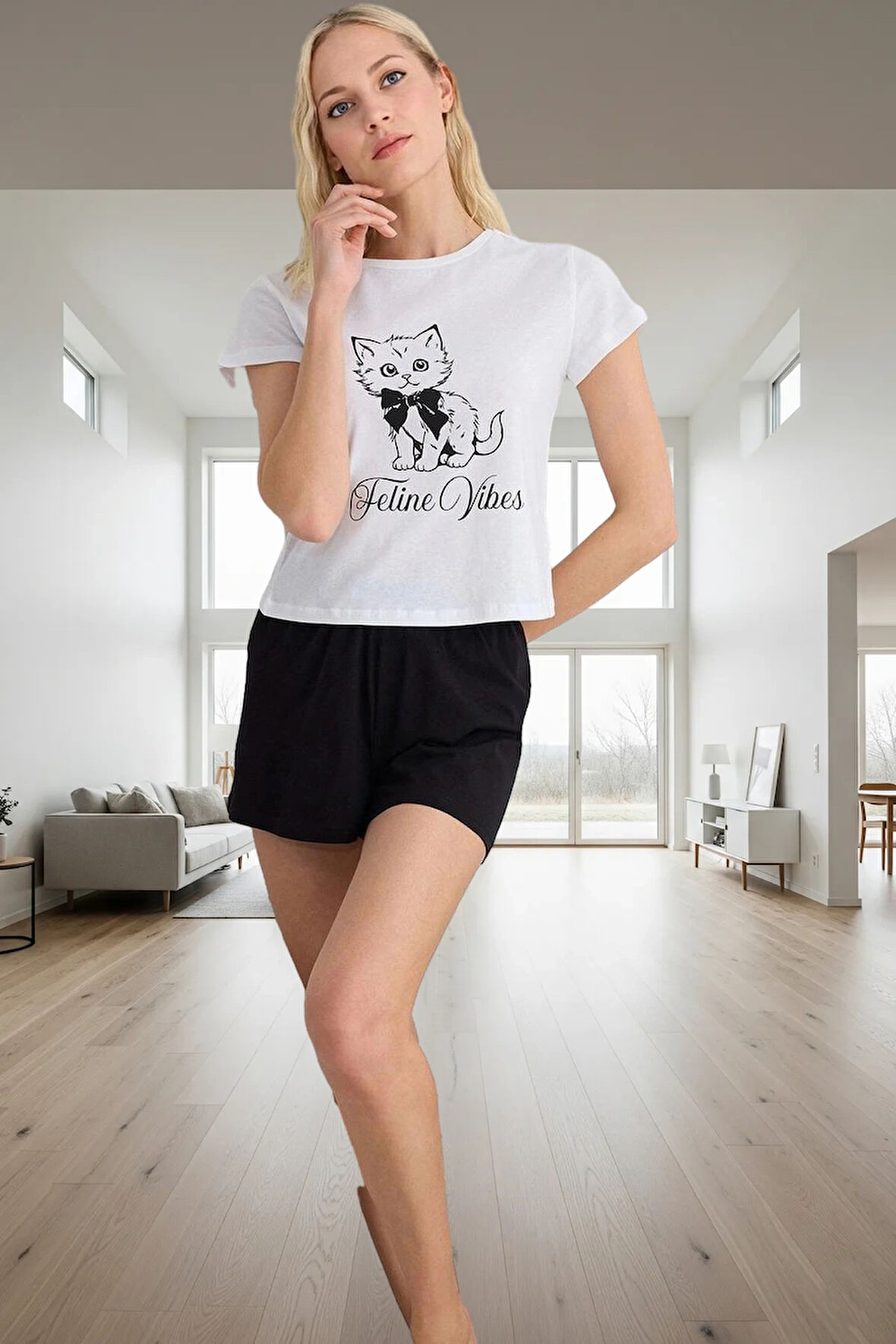 Yazlık Rahat Pijama Takımı; Kedi Baskılı Viskoz Regular Günlük Kullanım İçin