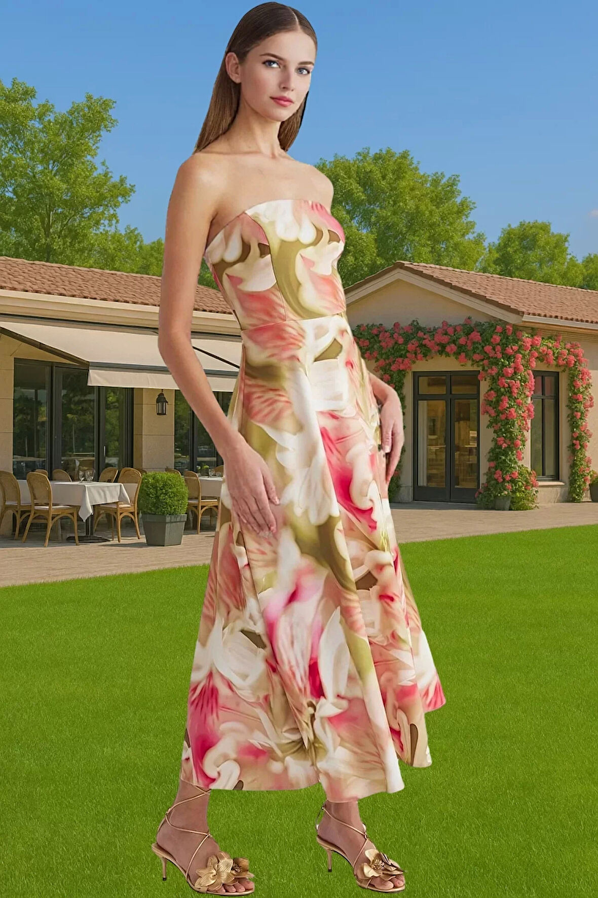 Şık A Kesim Straplez Midi Elbise Finike Dokuma Polyester Elastan Konforlu Kesim Rahat Ve Şık