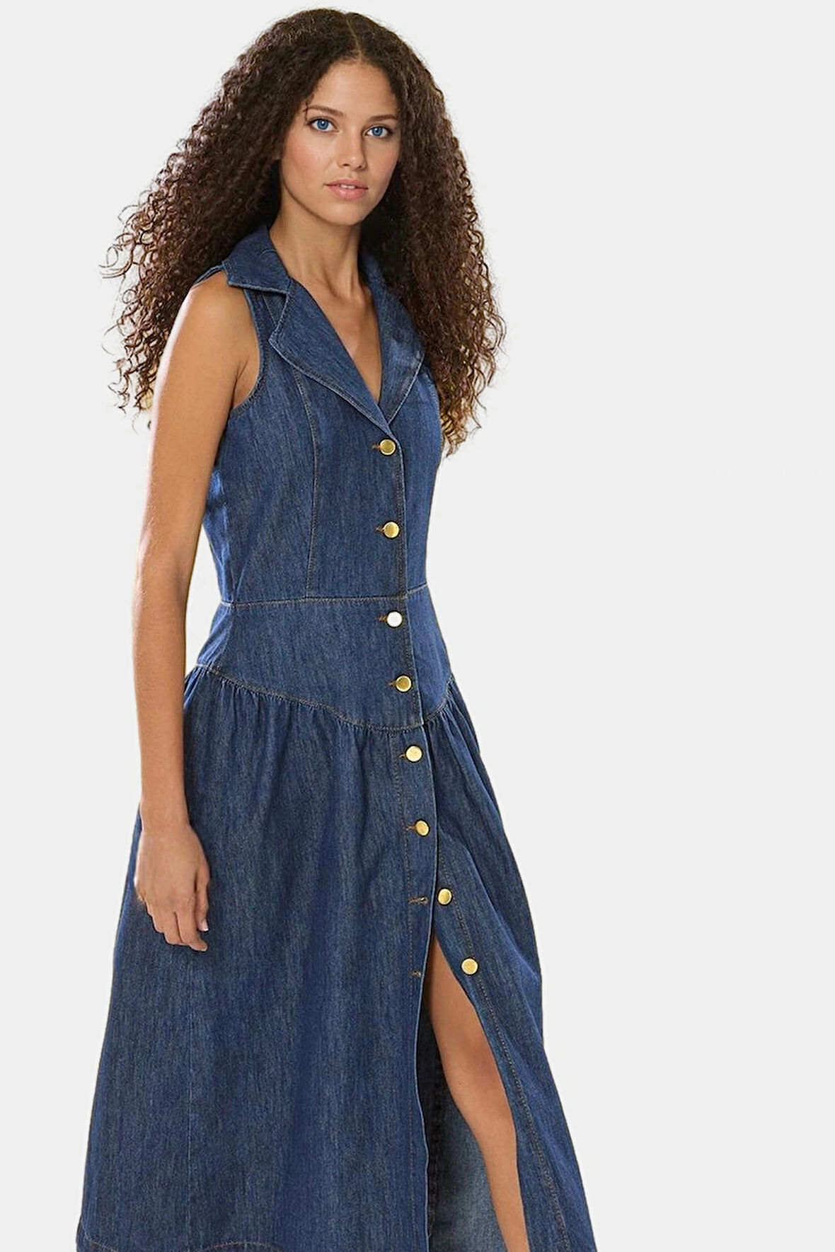 Pamuk Denim Midi Elbise Rahat Kalıp Gömlek Yaka Yazlık Özel Tasarım Zarifane