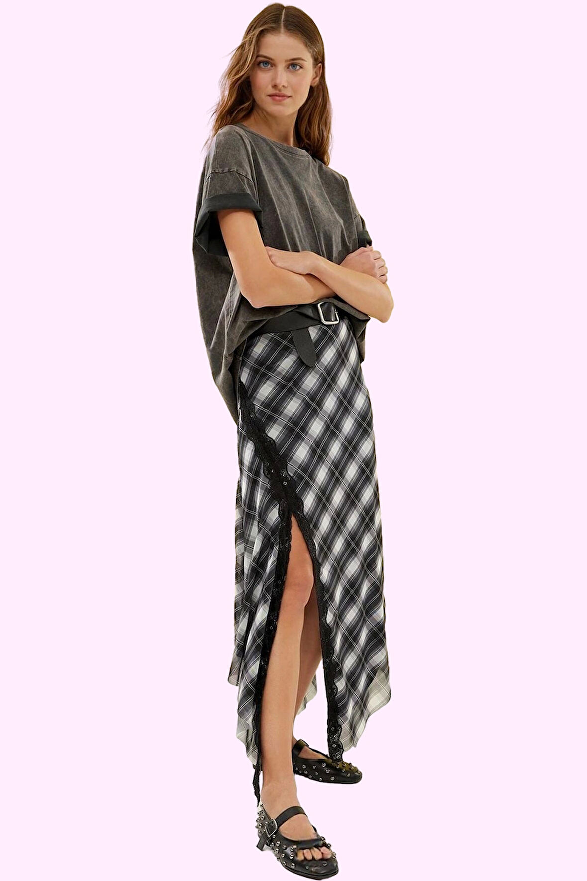 Kadın Ekose Tül Etek Yüksek Bel Asimetrik Kesim Yazlık Günlük Kullanım Yaz Aylarının Vazgeçilmezi