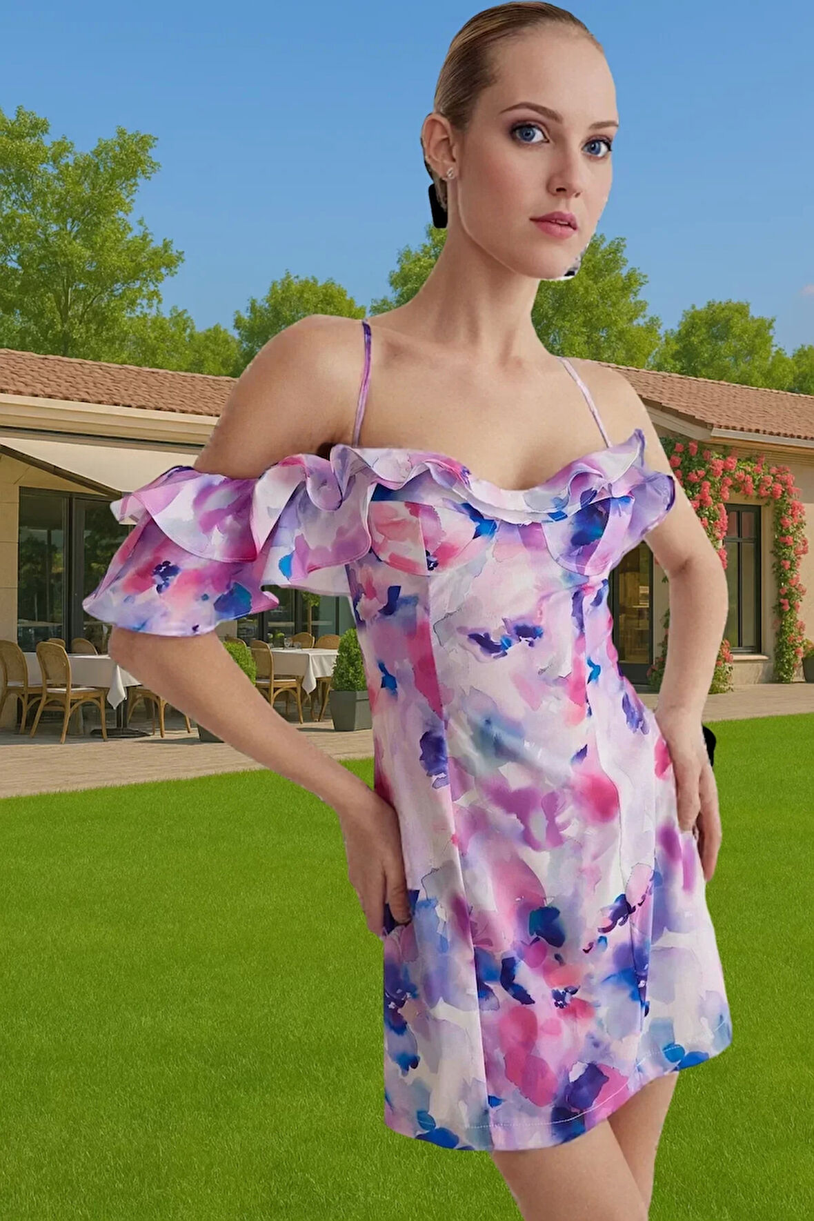 Çiçek Desenli Mini Abiye Elbise Vücuda Oturan Poplin Kumaştan Dayanıklı Malzeme Şık Görünüm