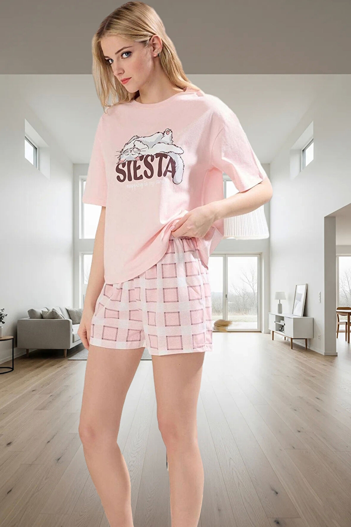 Yazlık Pamuklu Ekose Kedi Baskılı Rahat Pijama Takımı Şık Görünüm Özel Tasarım Profesyonel