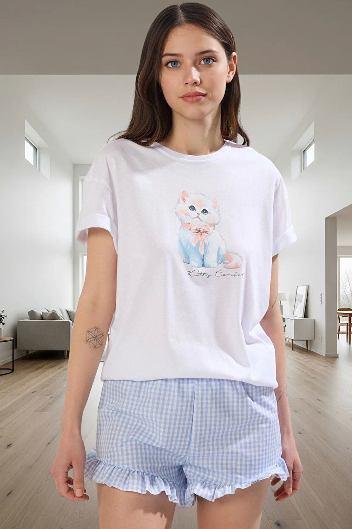 Yazlık Rahat %100 Pamuk Kedili Pijama Takımı Seçkin Malzeme Dayanıklı Mükemmel Uyum