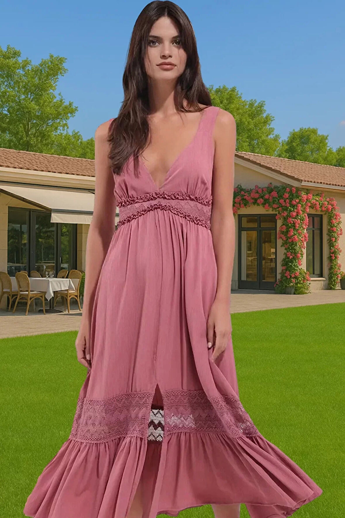 Yazlık Plaj Elbisesi Maxi Boy V Yaka Dokuma Crinkle Rahat Ve Şık Modern Stil Mükemmel Uyum