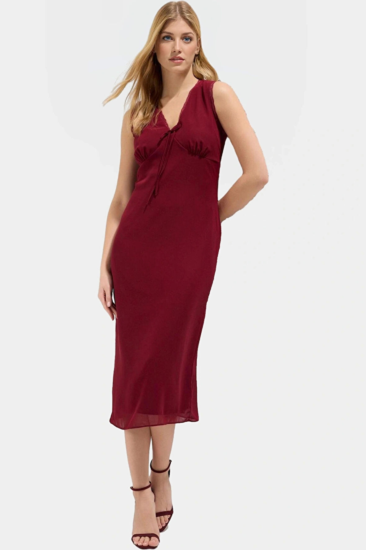 Yazlık Kolsuz Dantel Detaylı Midi Elbise A Kesim  Polyester Dokuma Trend Tasarım