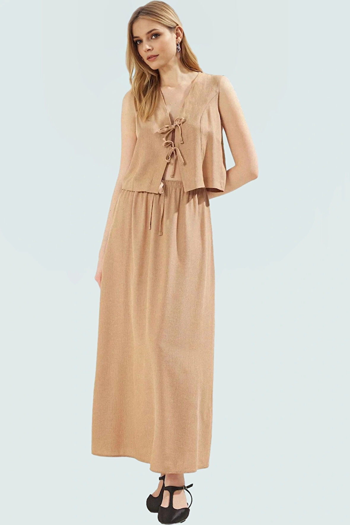 Şık Viskoz Bluz Etek Takım A Line Kolsuz Lastikli Bel Seçkin Malzeme Dayanıklı