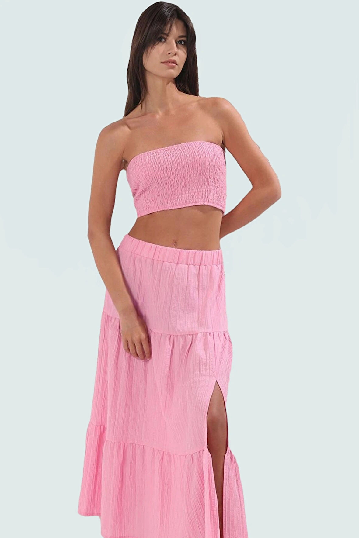 Straplez Bluz Etek Takım Dokulu Kumaş Şık Plaj Stili Seçkin Malzeme Modern Stil Uzun Ömürlü