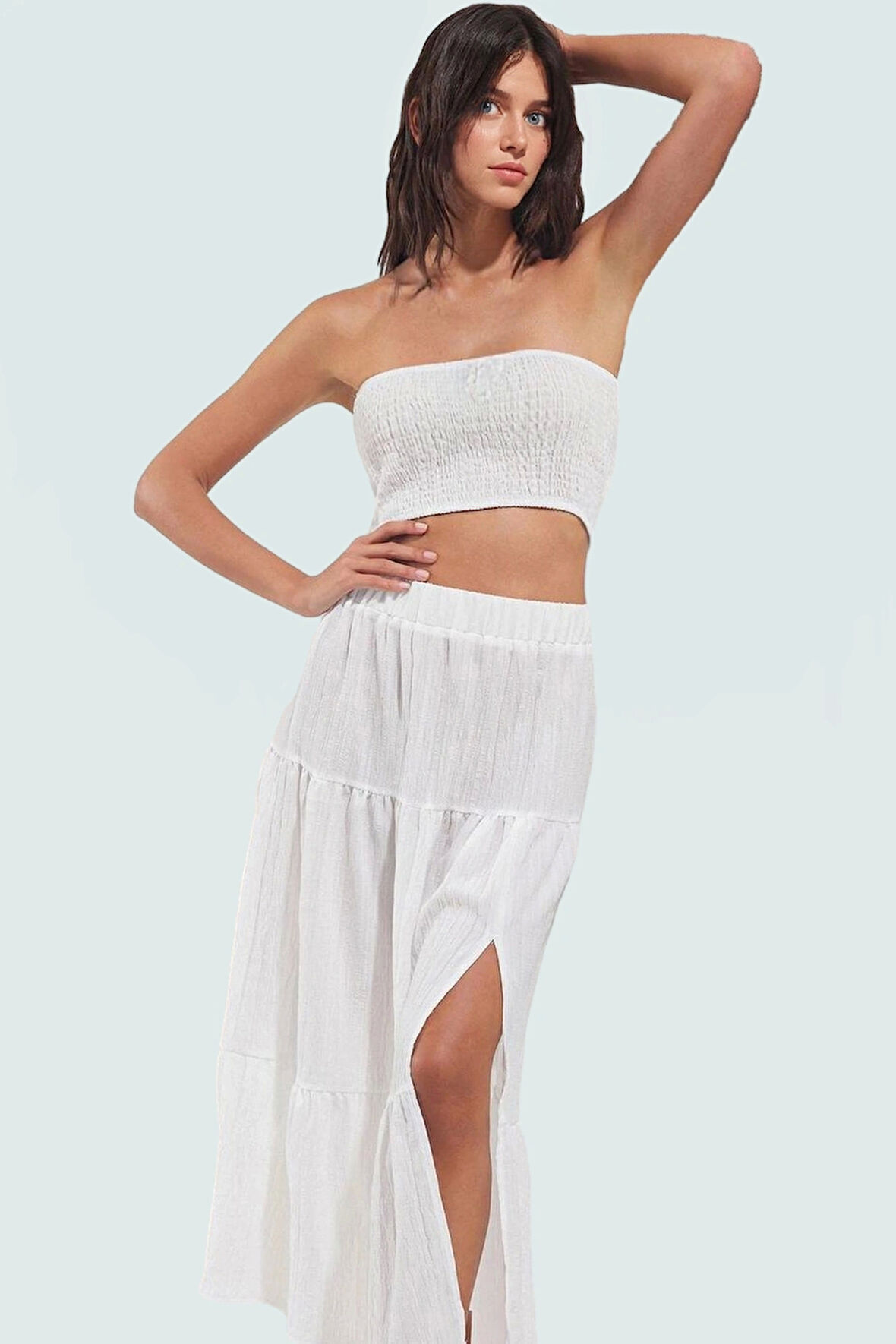 Straplez Bluz Etek Takım Dokulu Kumaş Şık Plaj Stili Seçkin Malzeme Modern Stil Uzun Ömürlü