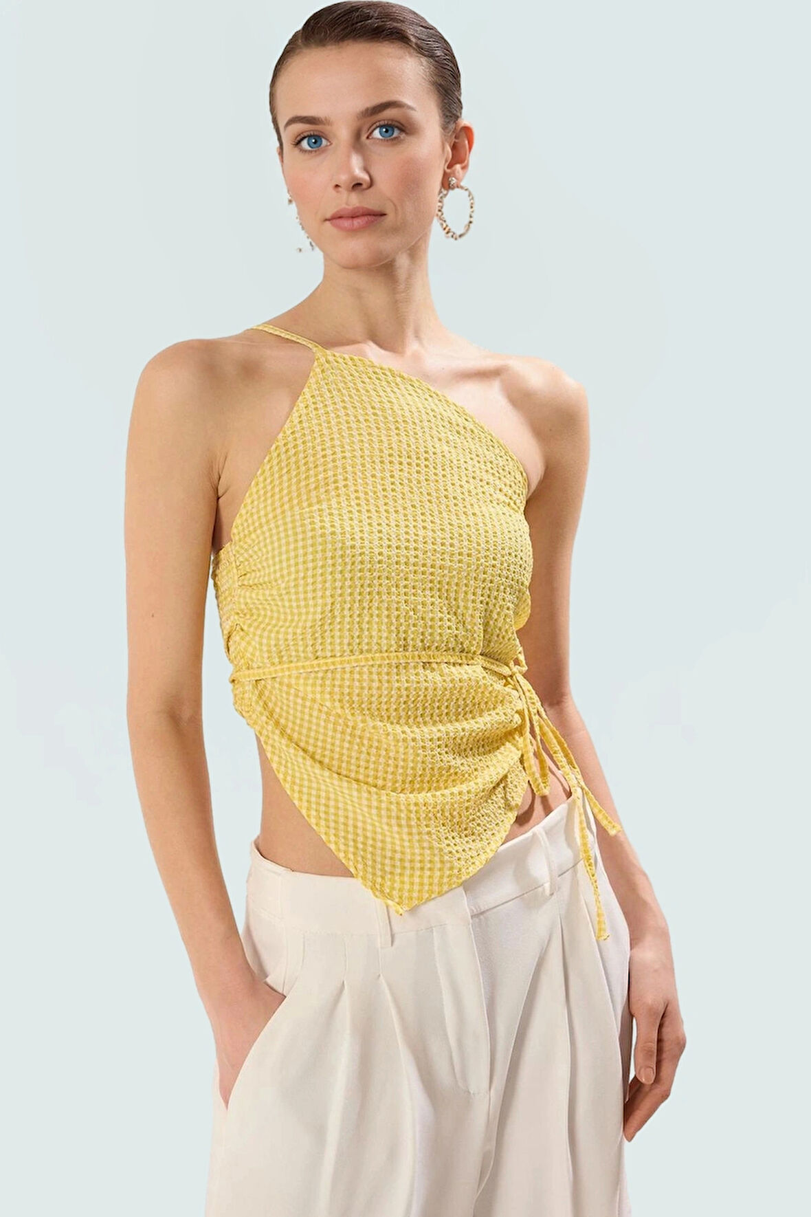 Asimetrik Yaka Çizgili Bluz Fitted Kalıp Dokuma Kumaş Yazlık ve Günlük Kullanım İçin