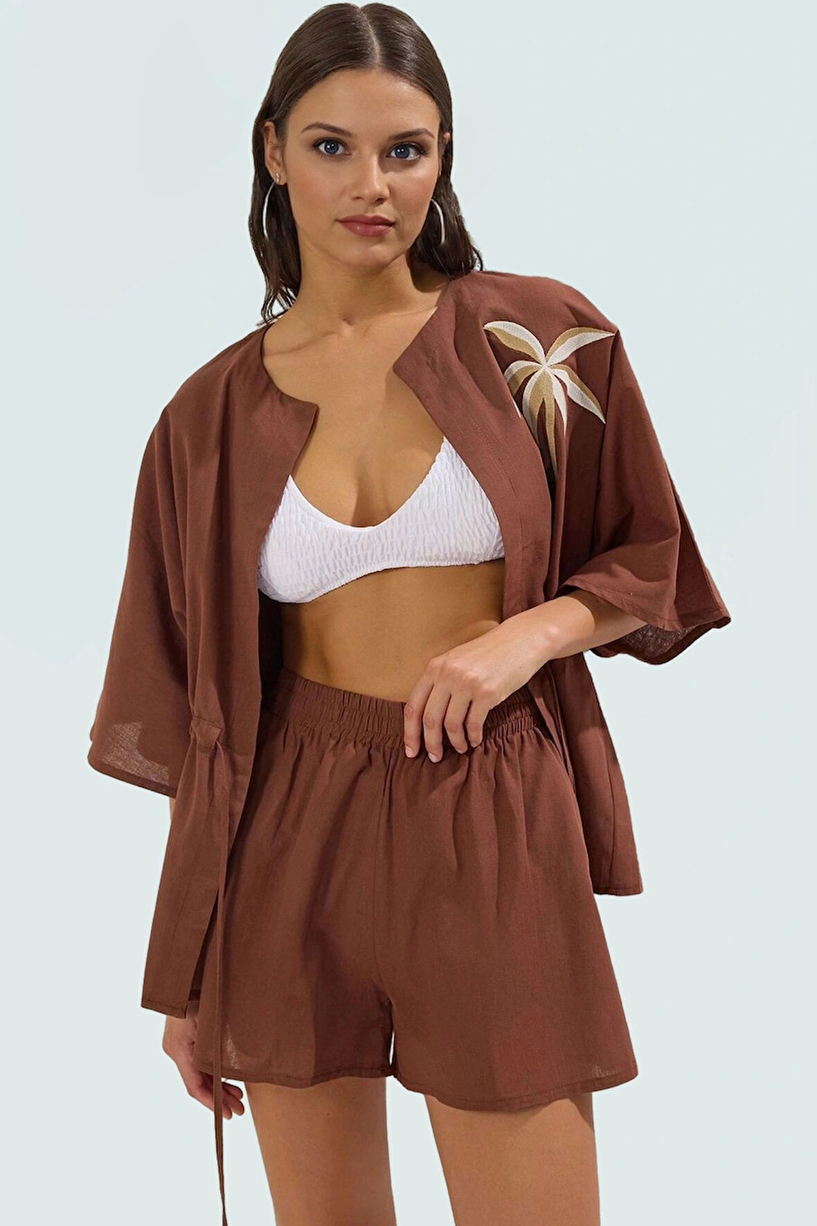 Plaj İçin Pamuklu Bluz Şort Takımı Rahat Kesim Dik Yaka Truvakar Kol Mükemmel Uyum