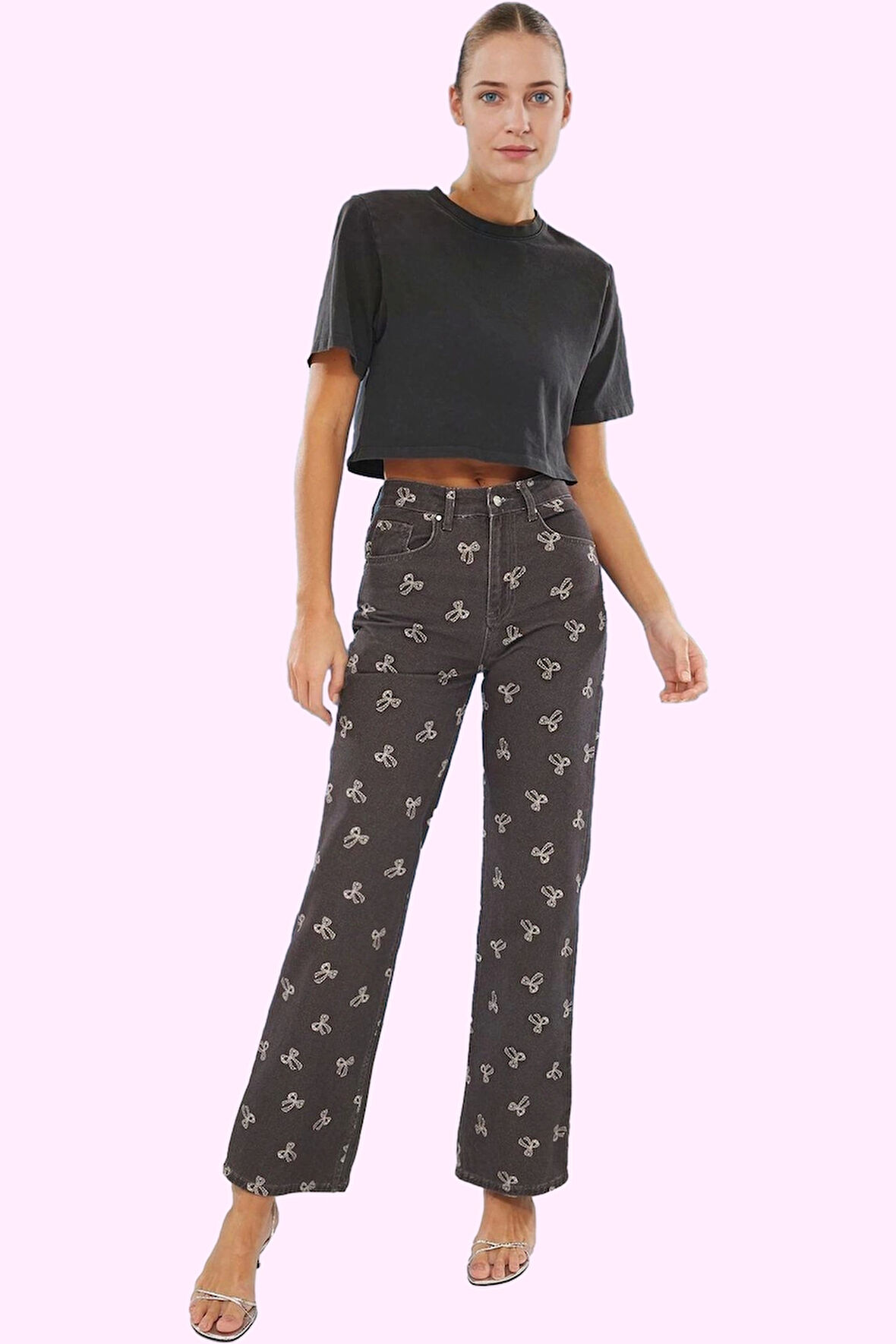 Kadın Baskılı Denim Pantolon Pamuk Yüksek Bel Wide Leg Casual Tarz Yaz Aylarının Vazgeçilmezi