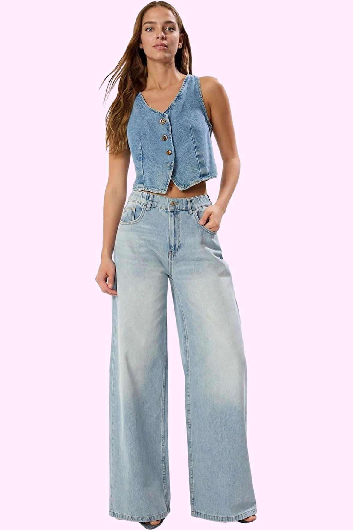 Kadın Pamuk Denim Palazzo Jean Yüksek Bel Geniş Paça Günlük Stil Yaz Aylarının Vazgeçilmezi