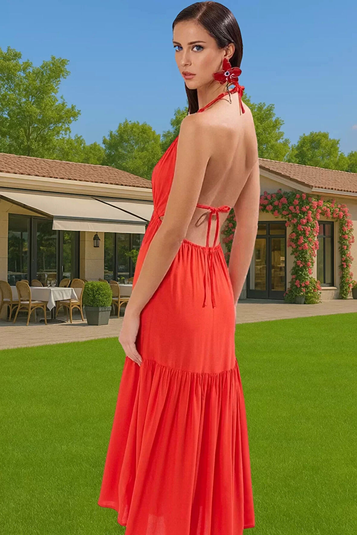 Şık Aksesuarlı Batik Desenli Viskoz Maxi Elbise Yaz Tatili İçin Dayanıklı Malzeme Özenle Seçilmiş