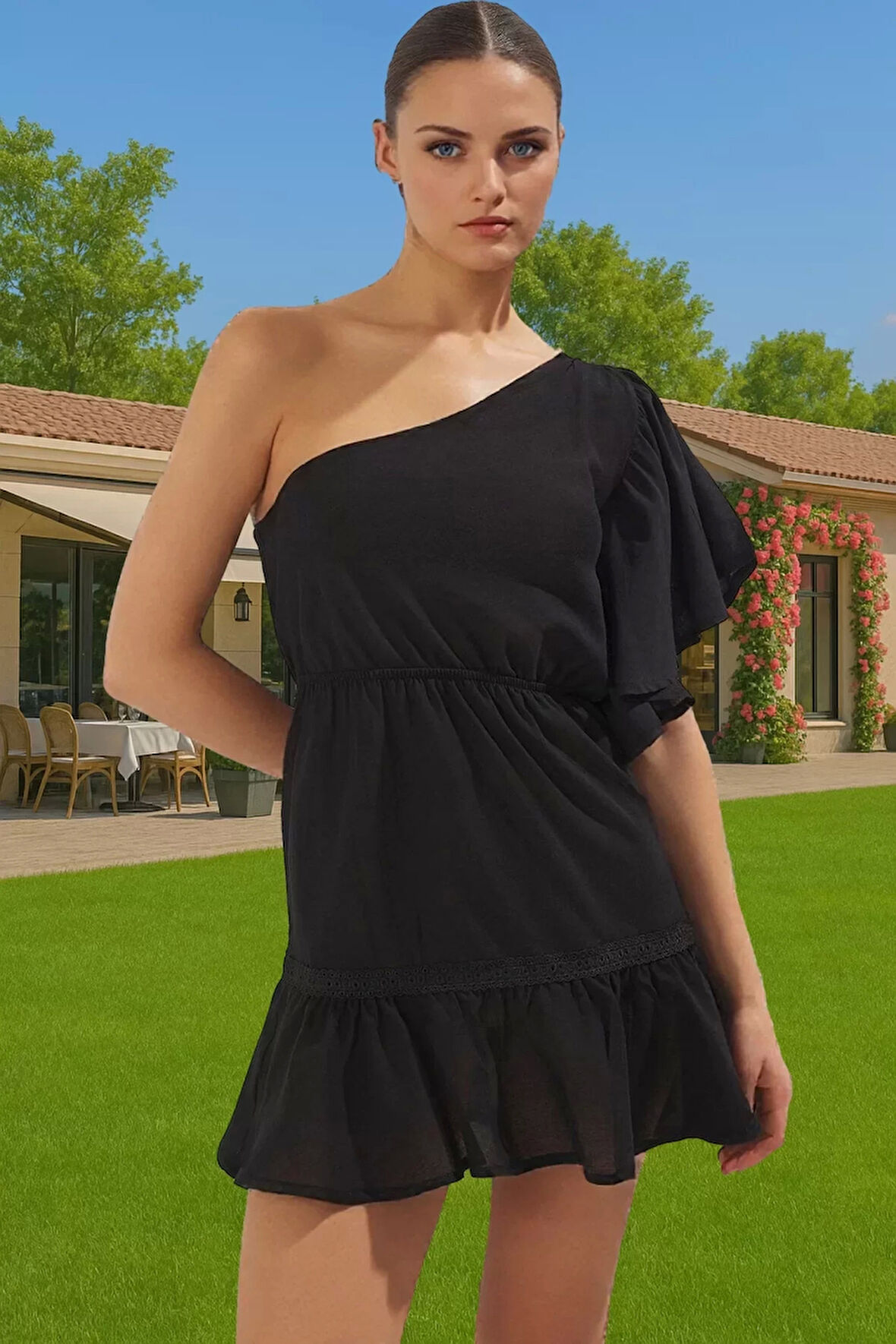 Yazlık Kadın Tek Omuz Mini Pamuk Elbise Rahat Kullanım Günlük Kullanım İçin Modern Stil