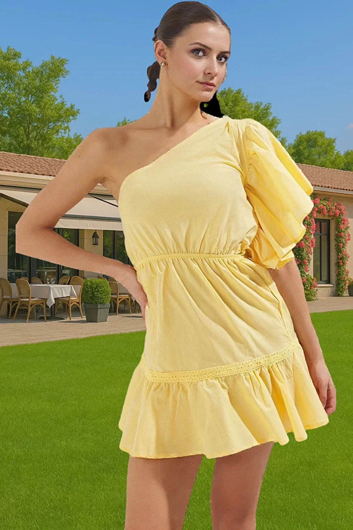 Yazlık Kadın Tek Omuz Mini Pamuk Elbise Rahat Kullanım Günlük Kullanım İçin Modern Stil