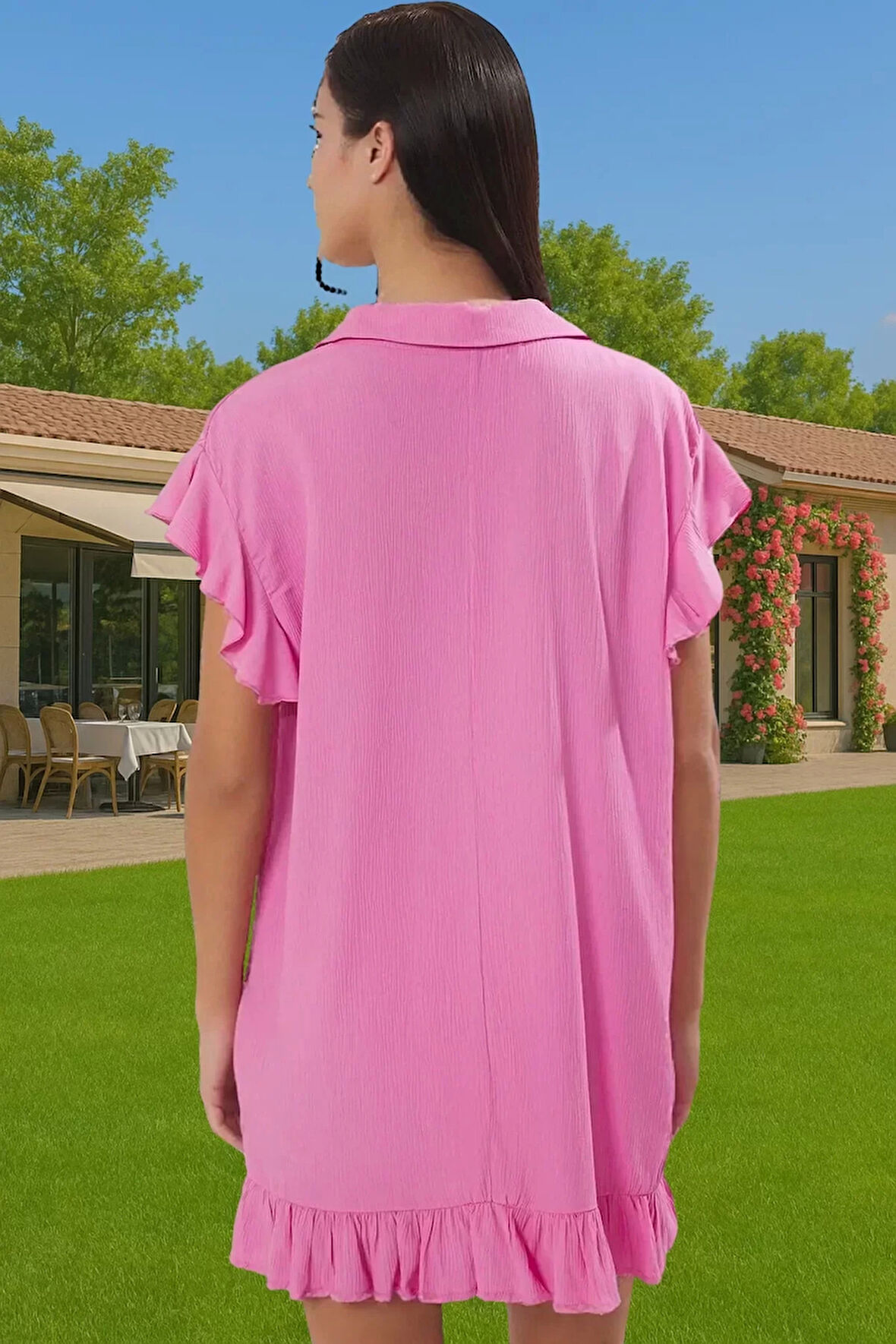 Kadın Şık Bisiklet Yaka Crinkle Dokuma Plaj Elbisesi Yazlık Kısa Günlük Kullanım İçin Özel Tasarım