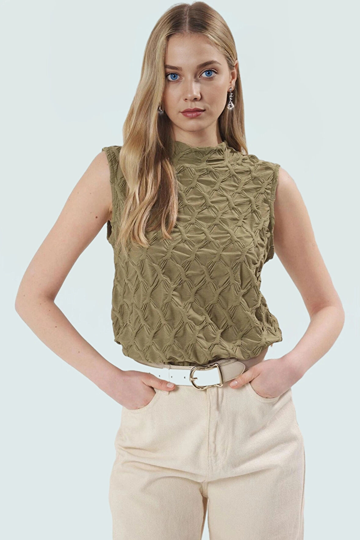 Rahat Kolsuz Bluz Yazlık Gofre Dokuma Polyester Elastan Ve Şık Mükemmel Uyum