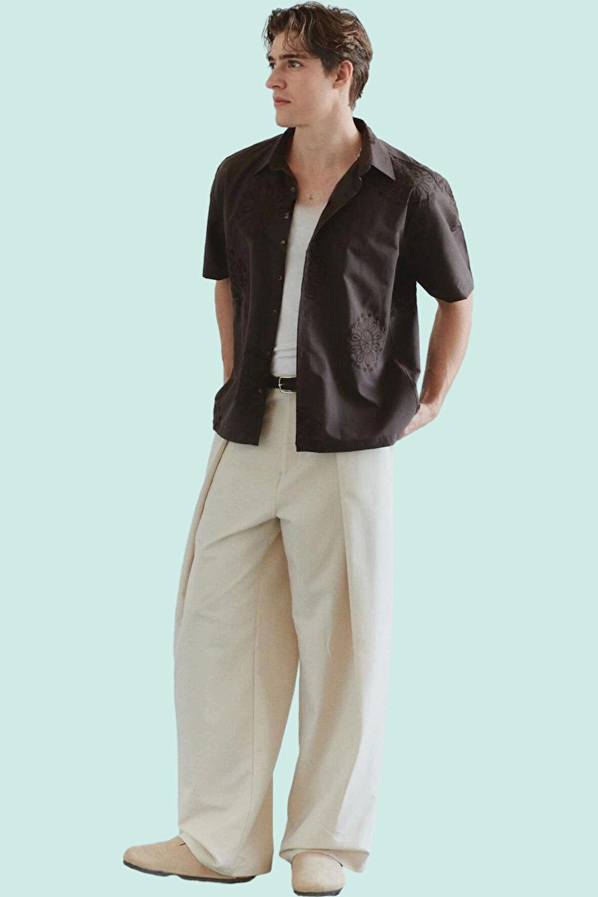 Erkek Basic Boxy Fit Brode Gömlek Nakışlı Dokuma Kumaş Yazlık Günlük Kullanım Modern Tasarım