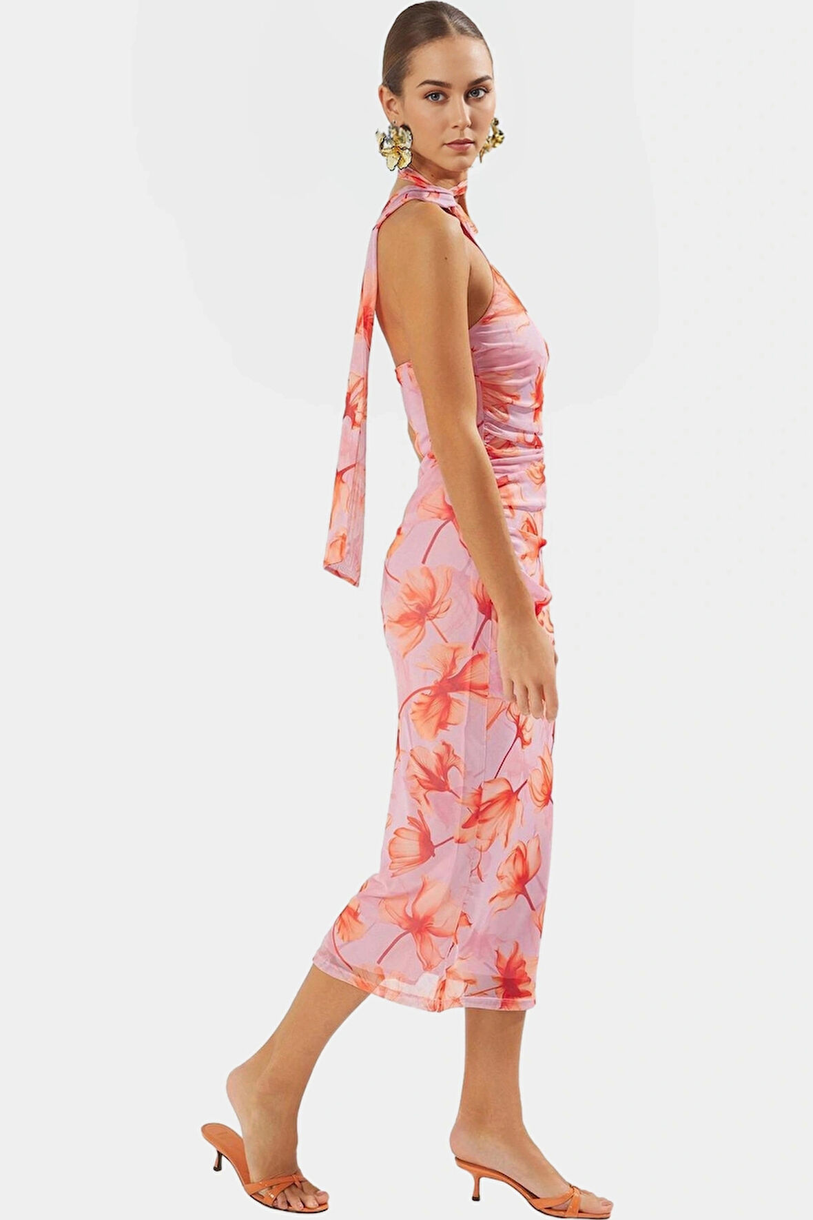 Yazlık Kolsuz Bodycon Tül Elbise Leopar Desenli Midi Boy Astarlı Mükemmel Uyum Premium Kalite